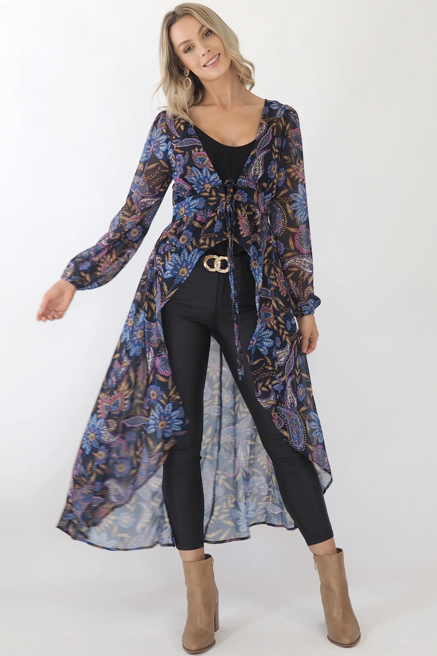 Adele Hi-Low top Blouse- Navy/Purple/Gold