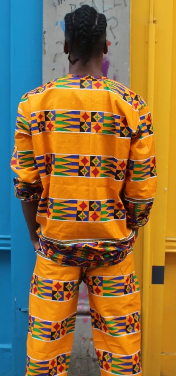 African Kente Suit in Orange Print - Aztec Festival Outfit