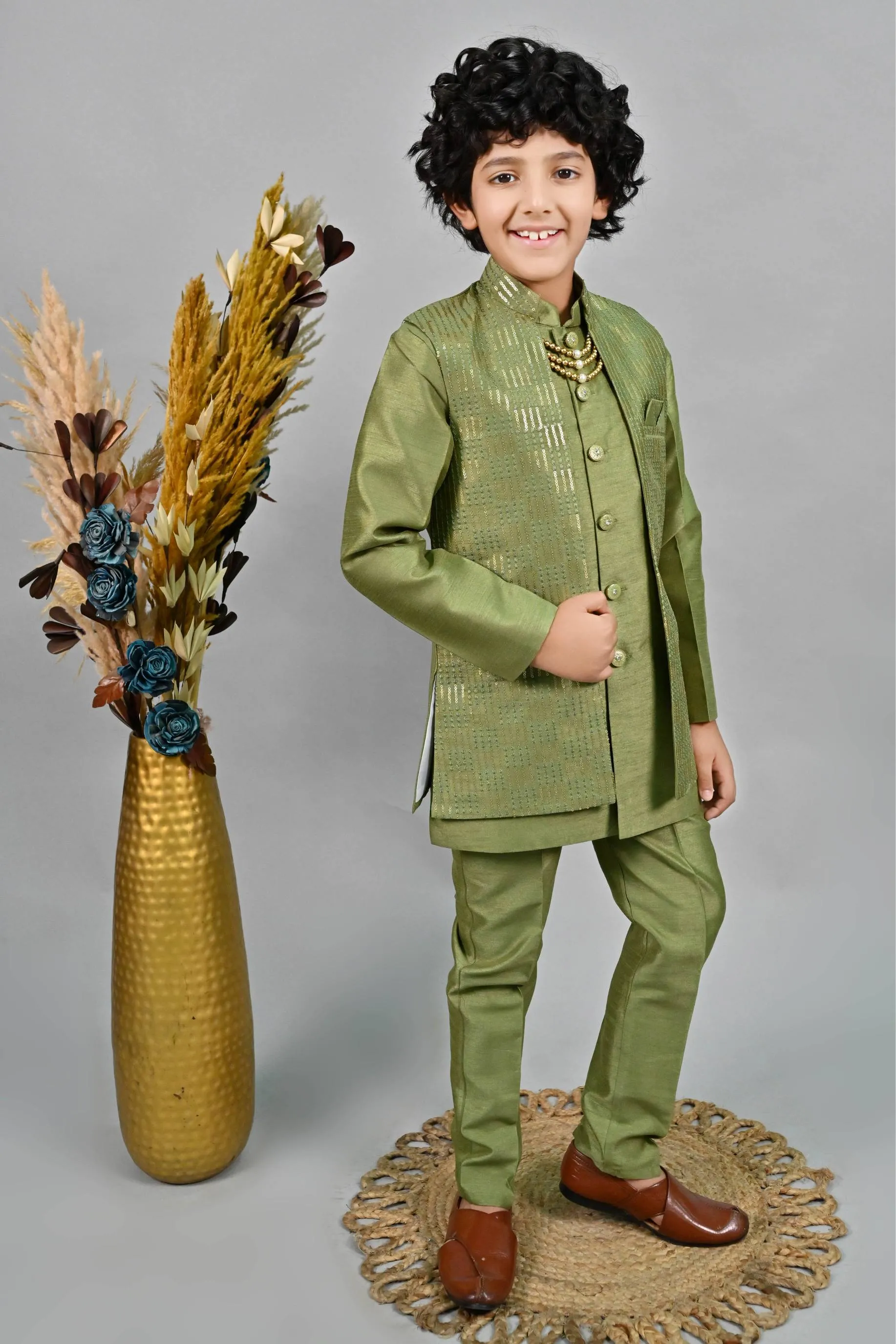 Ahhaaaa Ethnic Sequin Work Indo-Western 3-Piece Set with Maala for Boys