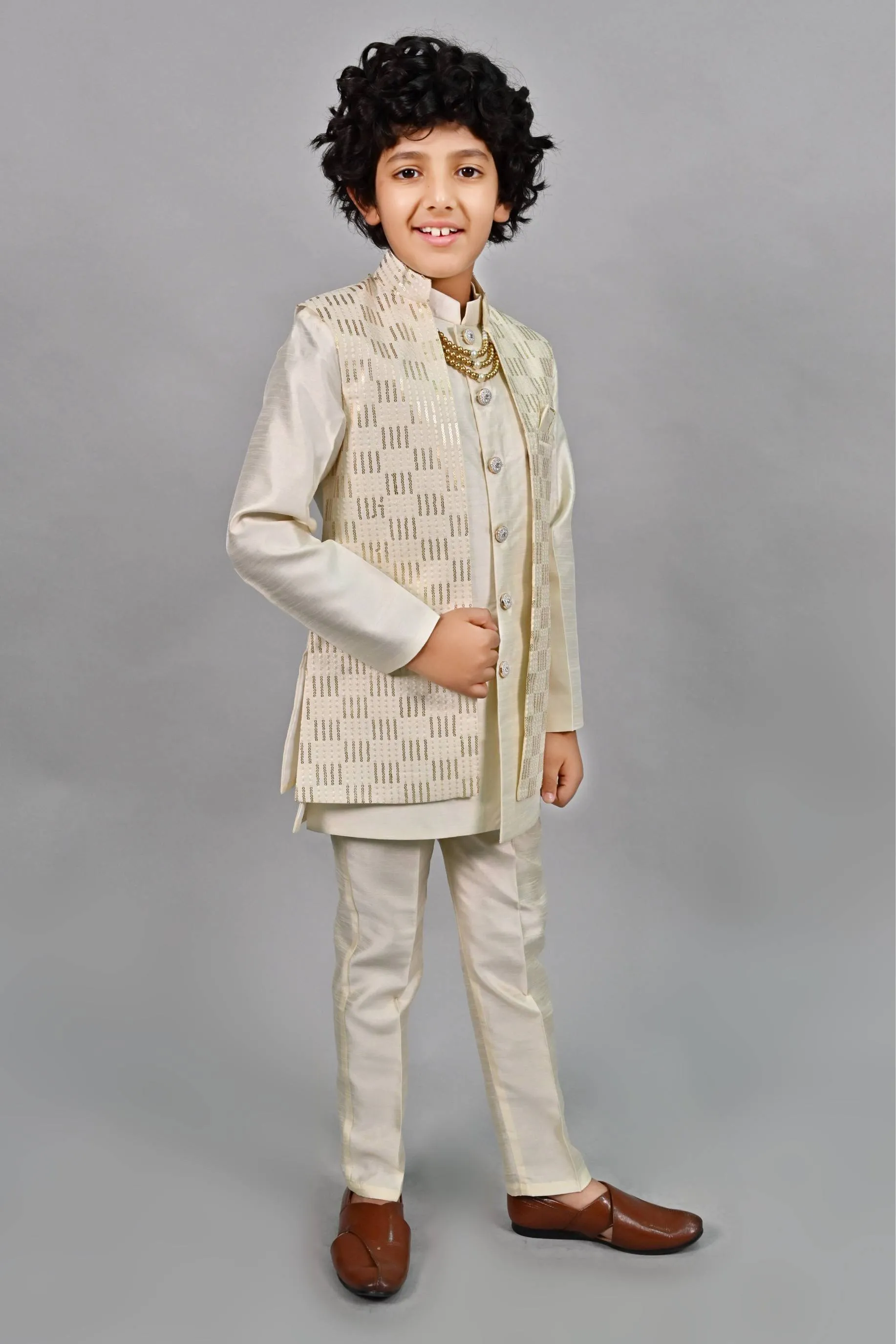 Ahhaaaa Ethnic Sequin Work Indo-Western 3-Piece Set with Maala for Boys