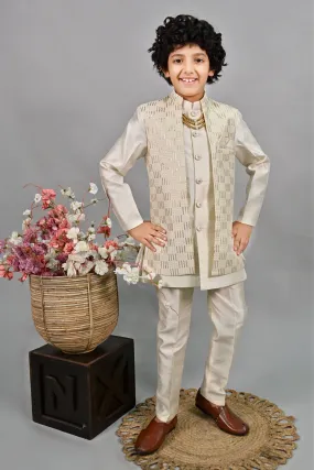 Ahhaaaa Ethnic Sequin Work Indo-Western 3-Piece Set with Maala for Boys