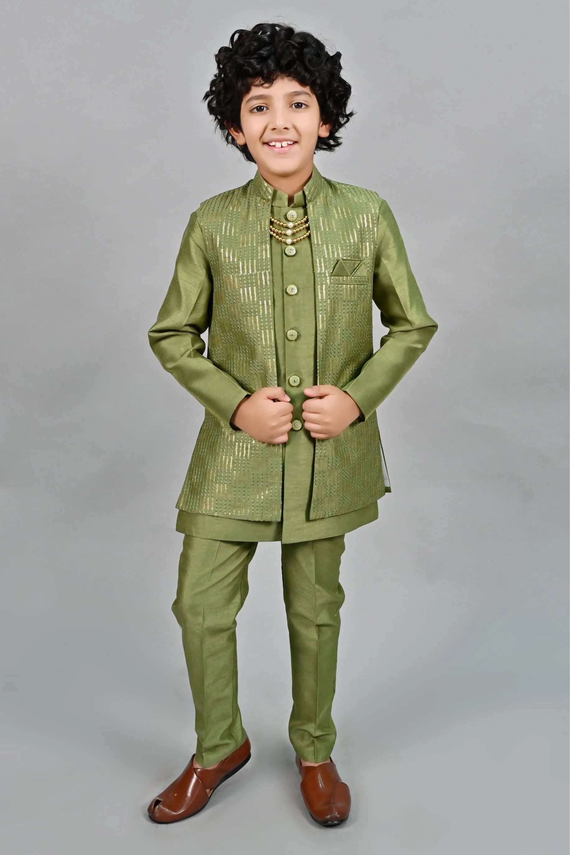 Ahhaaaa Ethnic Sequin Work Indo-Western 3-Piece Set with Maala for Boys