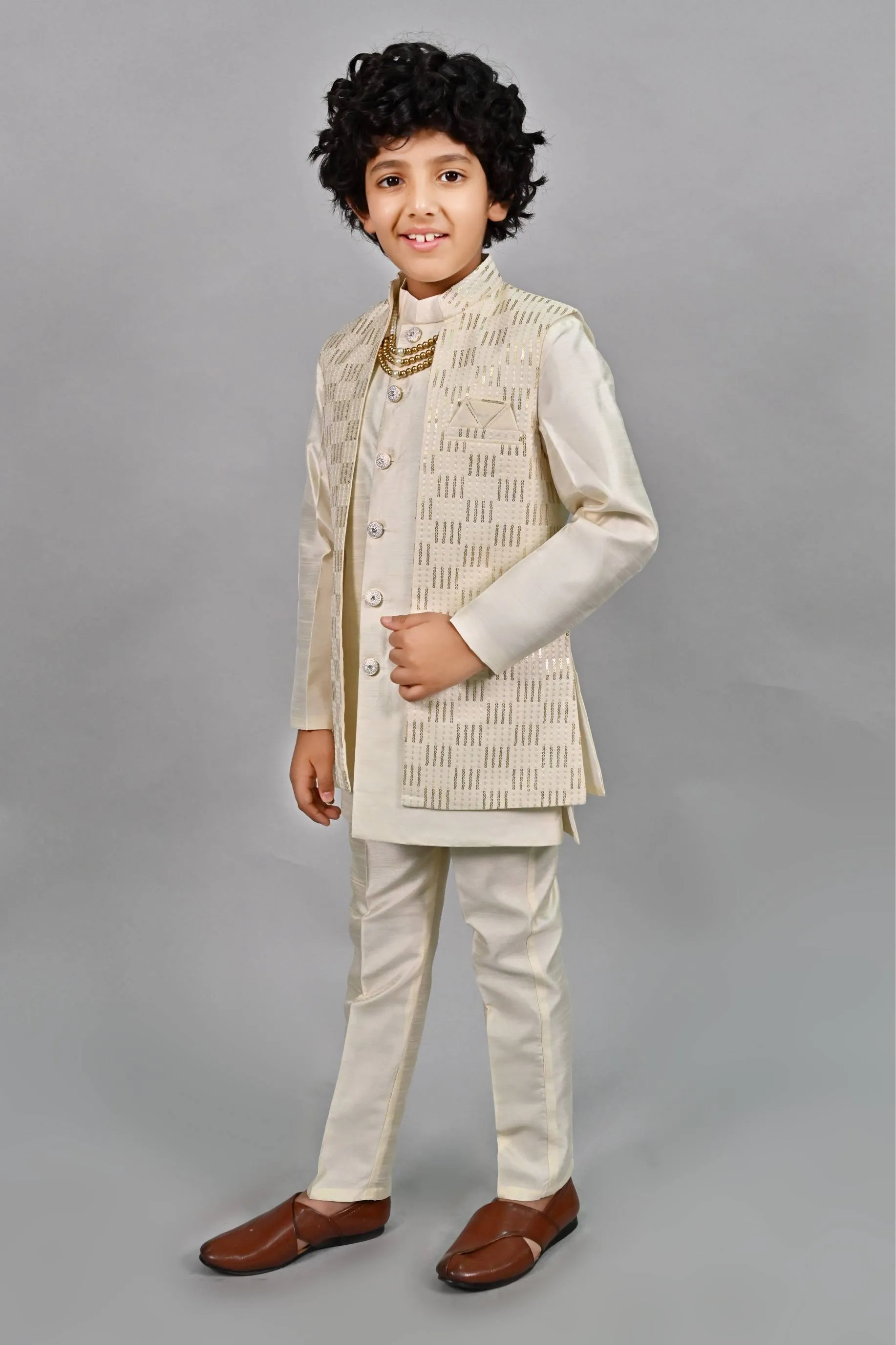 Ahhaaaa Ethnic Sequin Work Indo-Western 3-Piece Set with Maala for Boys