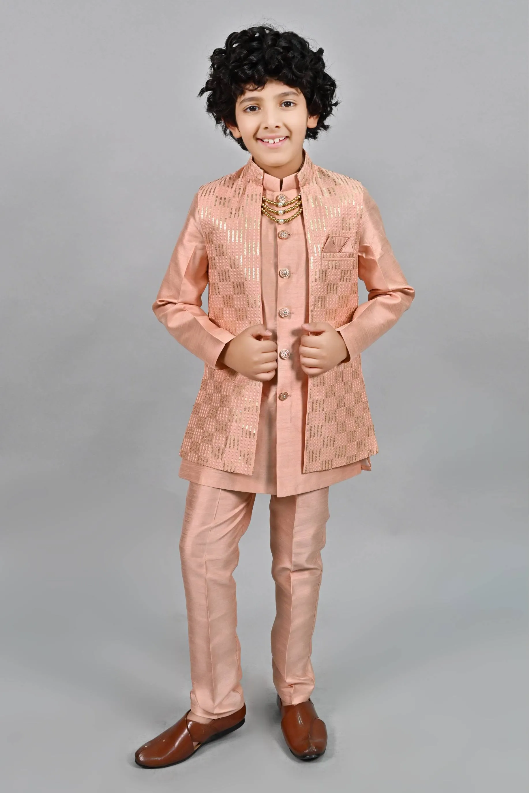 Ahhaaaa Ethnic Sequin Work Indo-Western 3-Piece Set with Maala for Boys