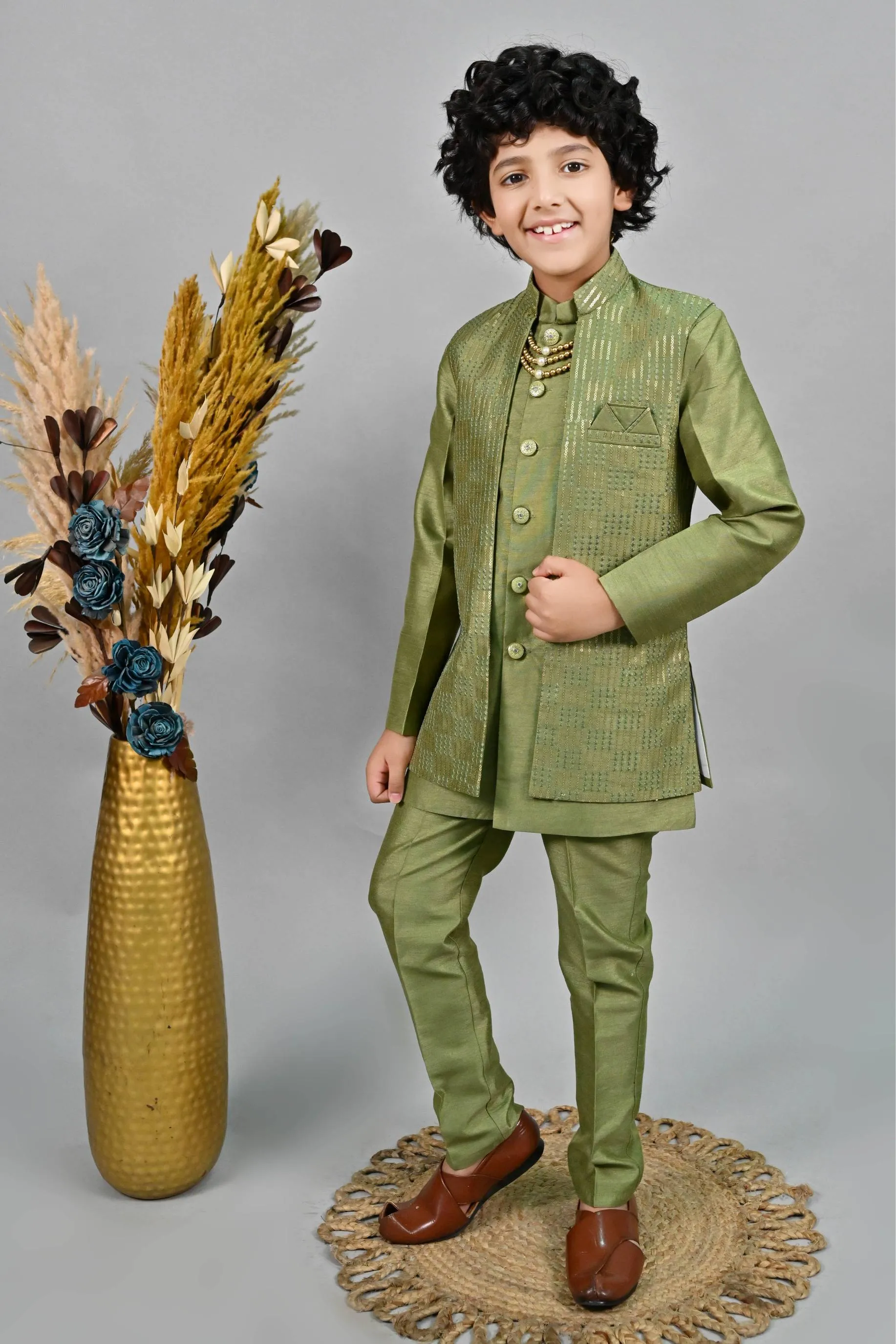 Ahhaaaa Ethnic Sequin Work Indo-Western 3-Piece Set with Maala for Boys