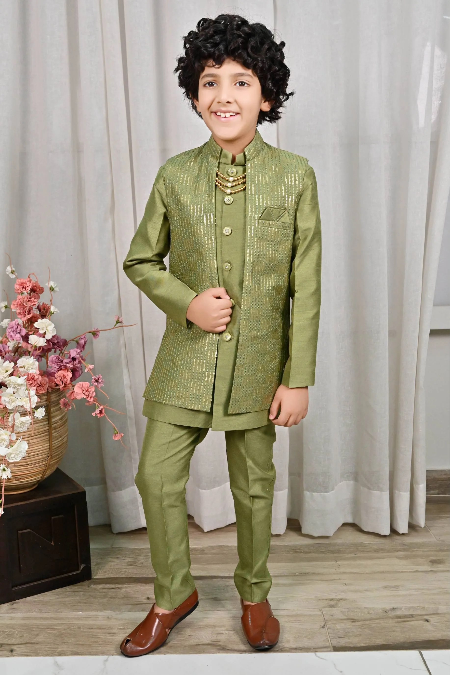 Ahhaaaa Ethnic Sequin Work Indo-Western 3-Piece Set with Maala for Boys