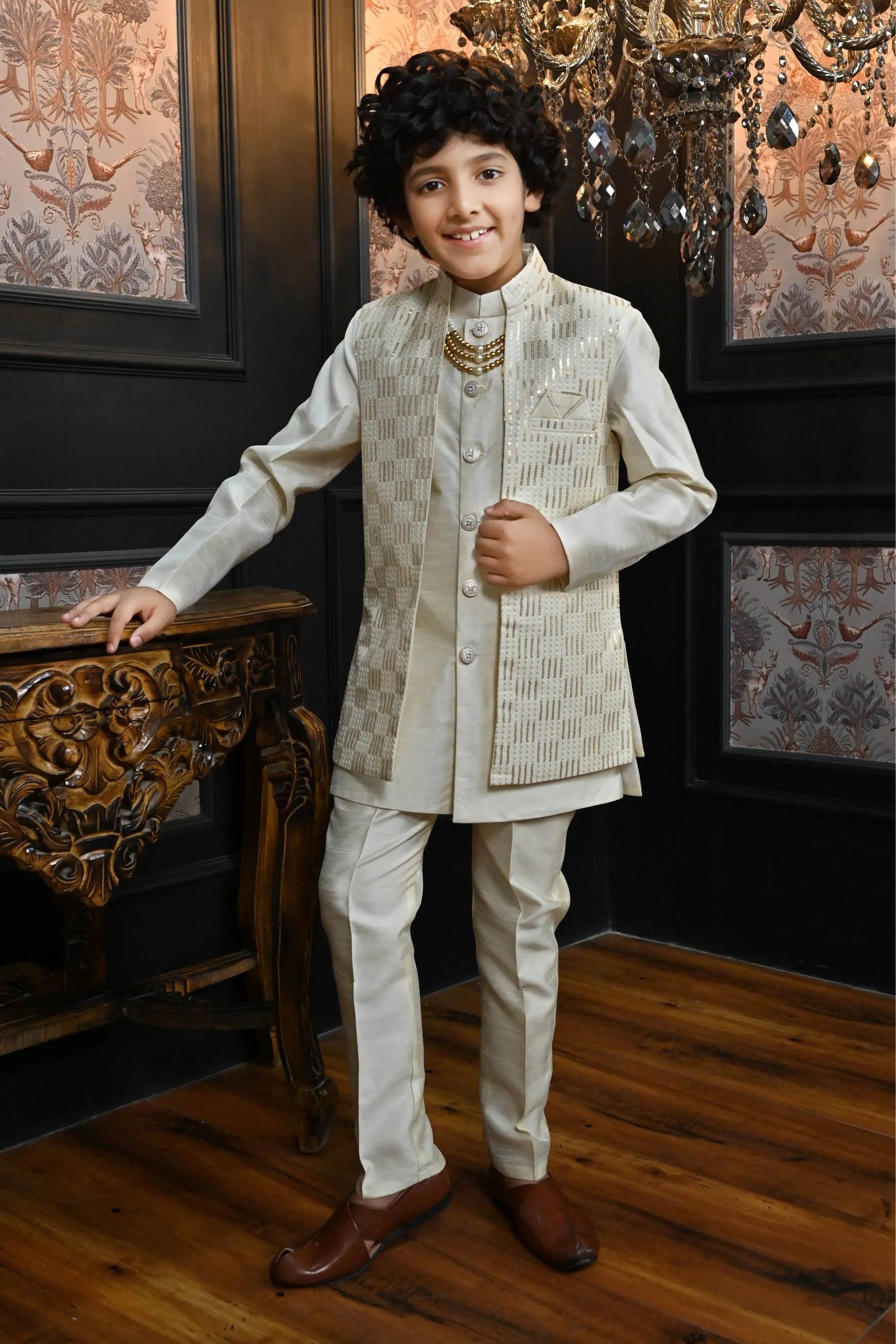 Ahhaaaa Ethnic Sequin Work Indo-Western 3-Piece Set with Maala for Boys