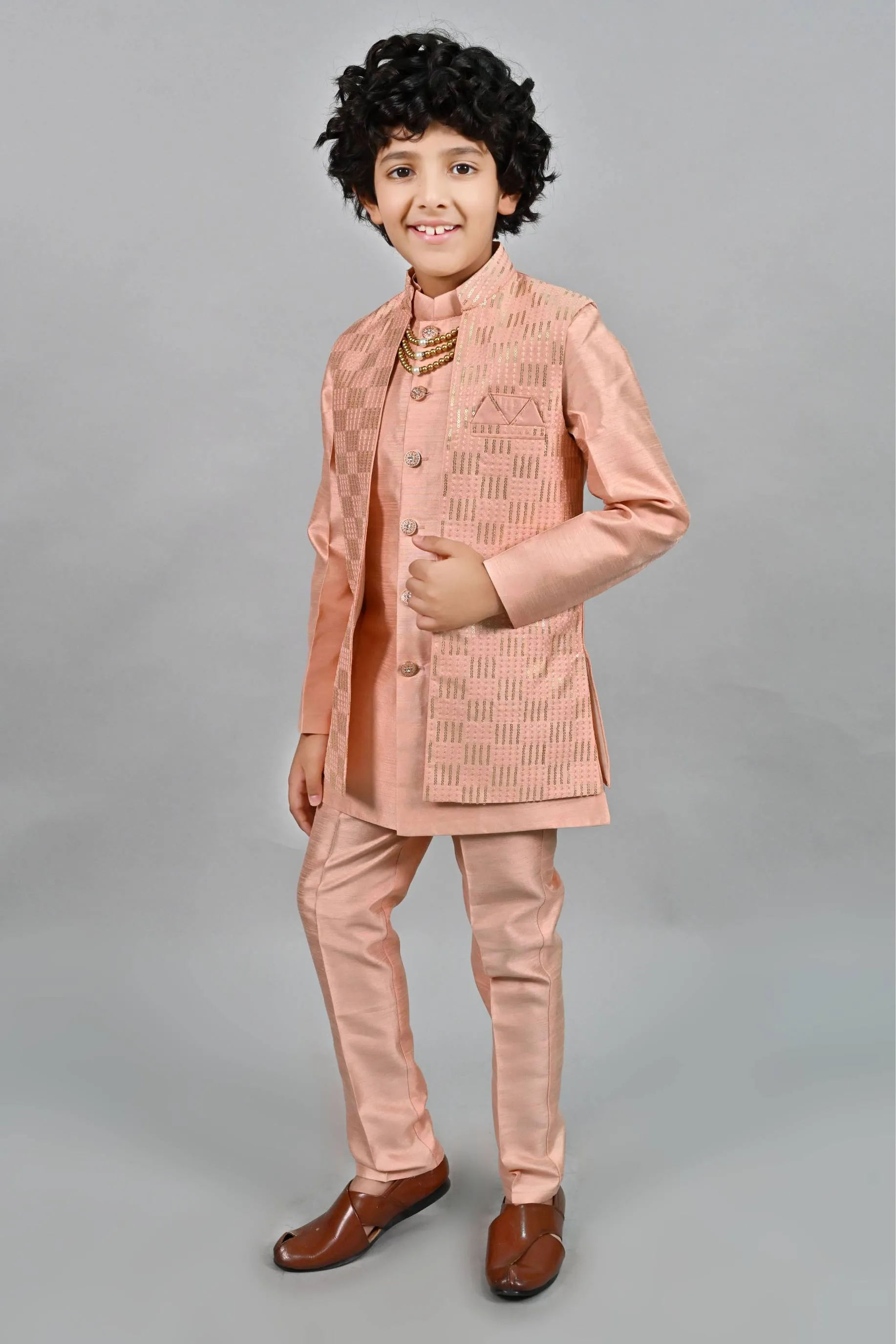 Ahhaaaa Ethnic Sequin Work Indo-Western 3-Piece Set with Maala for Boys