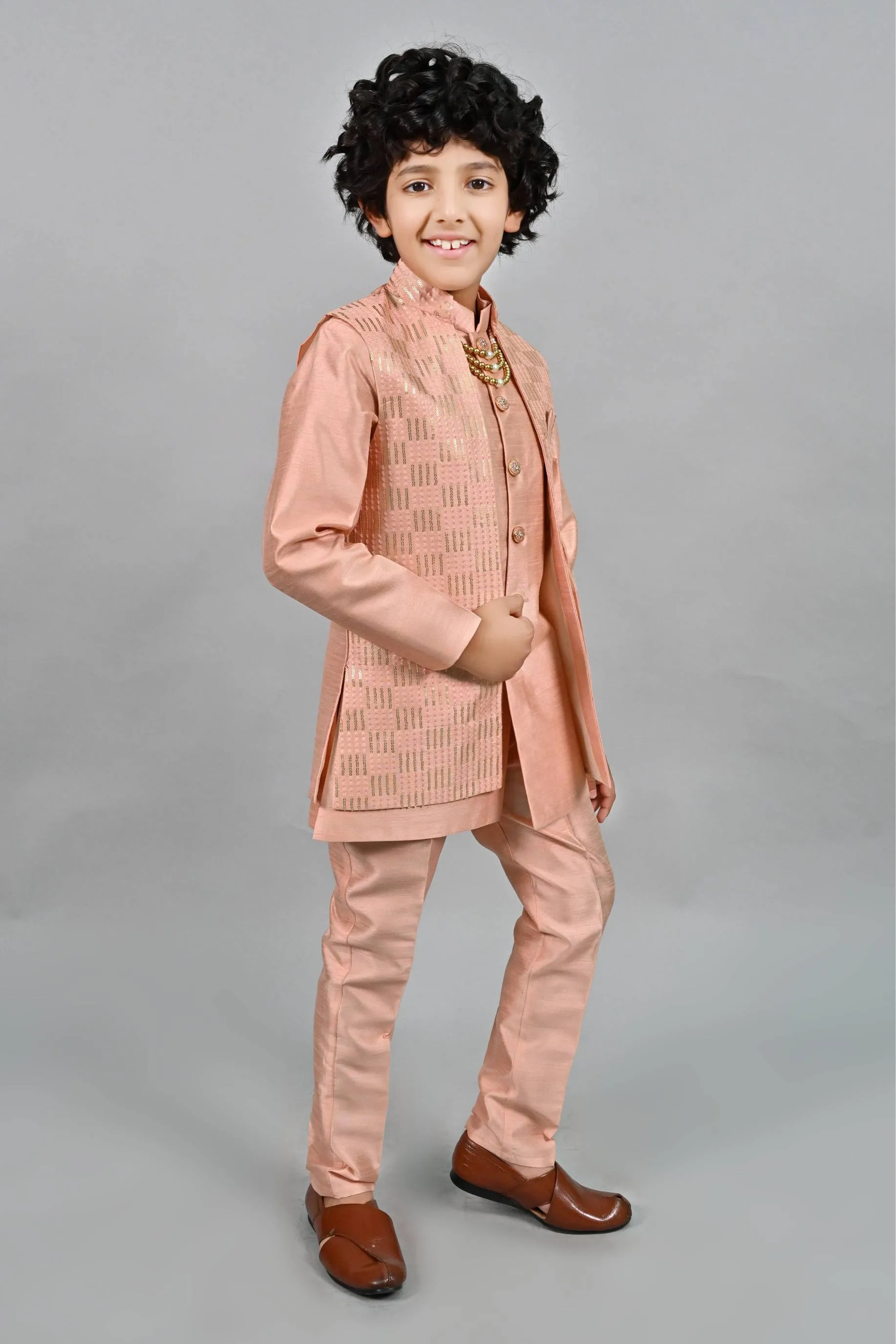 Ahhaaaa Ethnic Sequin Work Indo-Western 3-Piece Set with Maala for Boys