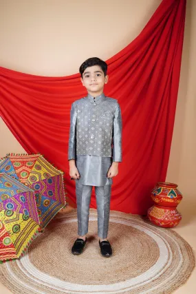 Ahhaaaa Kids Ethnic Silk Blend Waistcoat Kurta Pyjama 3 Piece Set For Boys