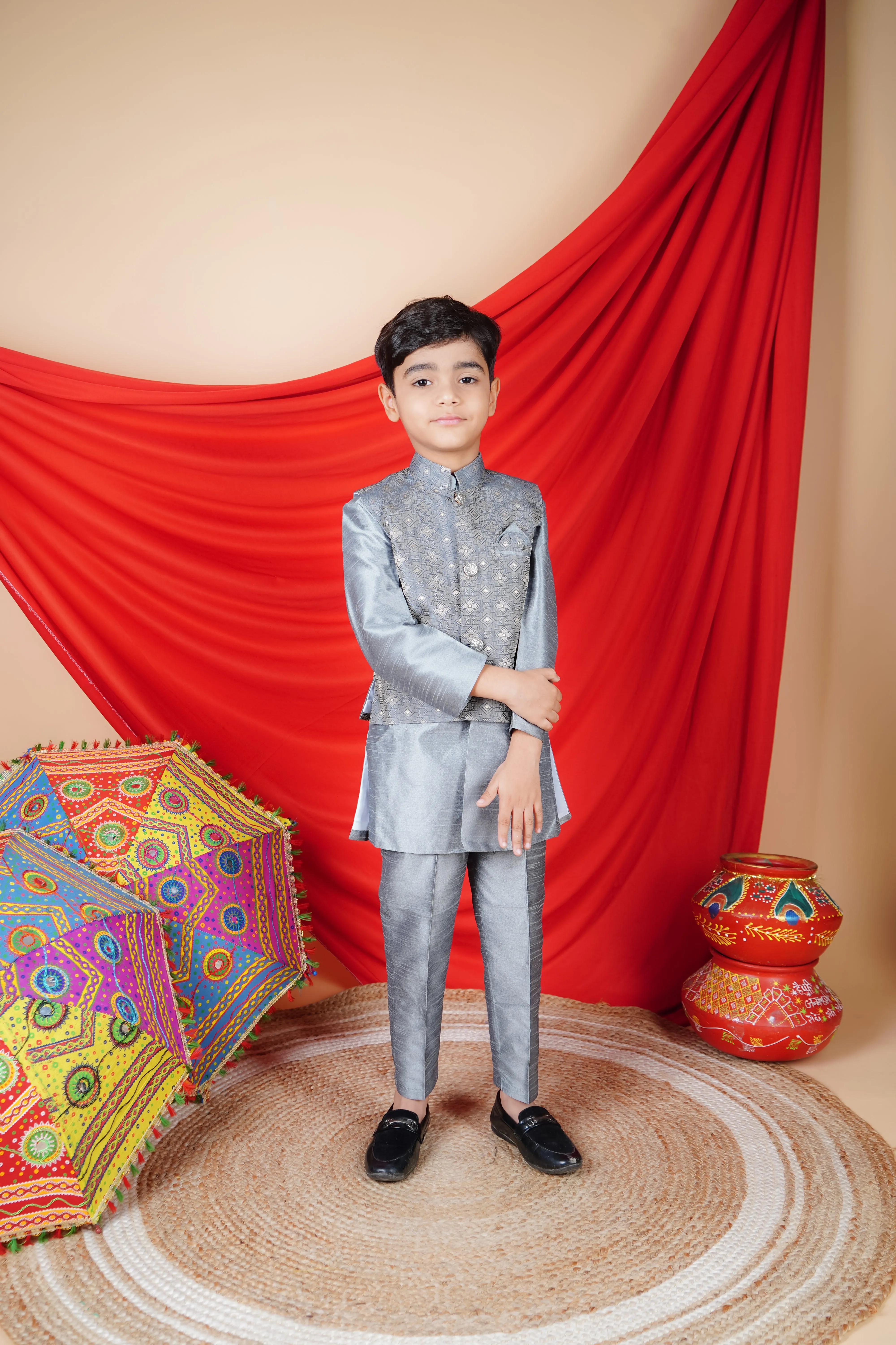 Ahhaaaa Kids Ethnic Silk Blend Waistcoat Kurta Pyjama 3 Piece Set For Boys