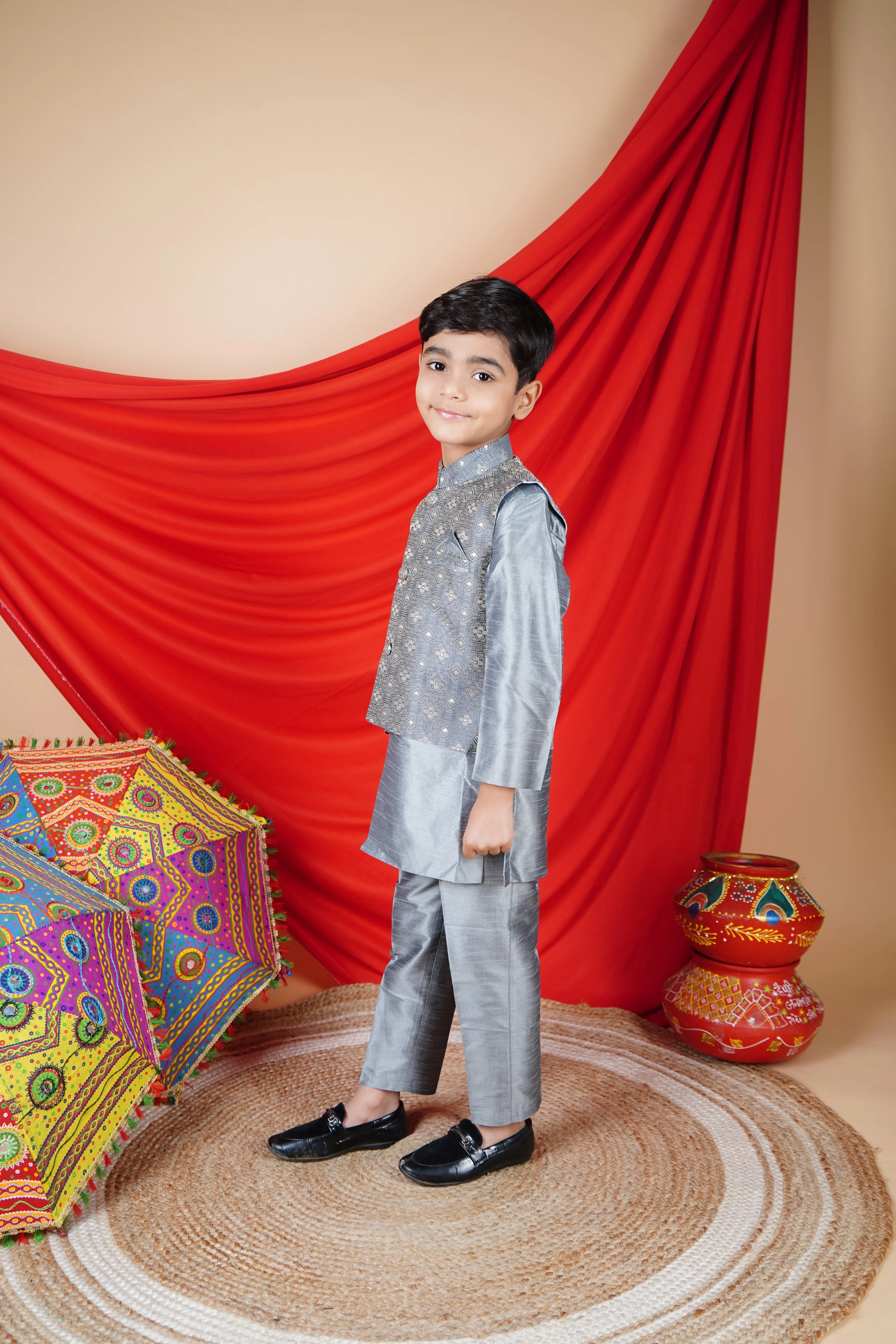 Ahhaaaa Kids Ethnic Silk Blend Waistcoat Kurta Pyjama 3 Piece Set For Boys