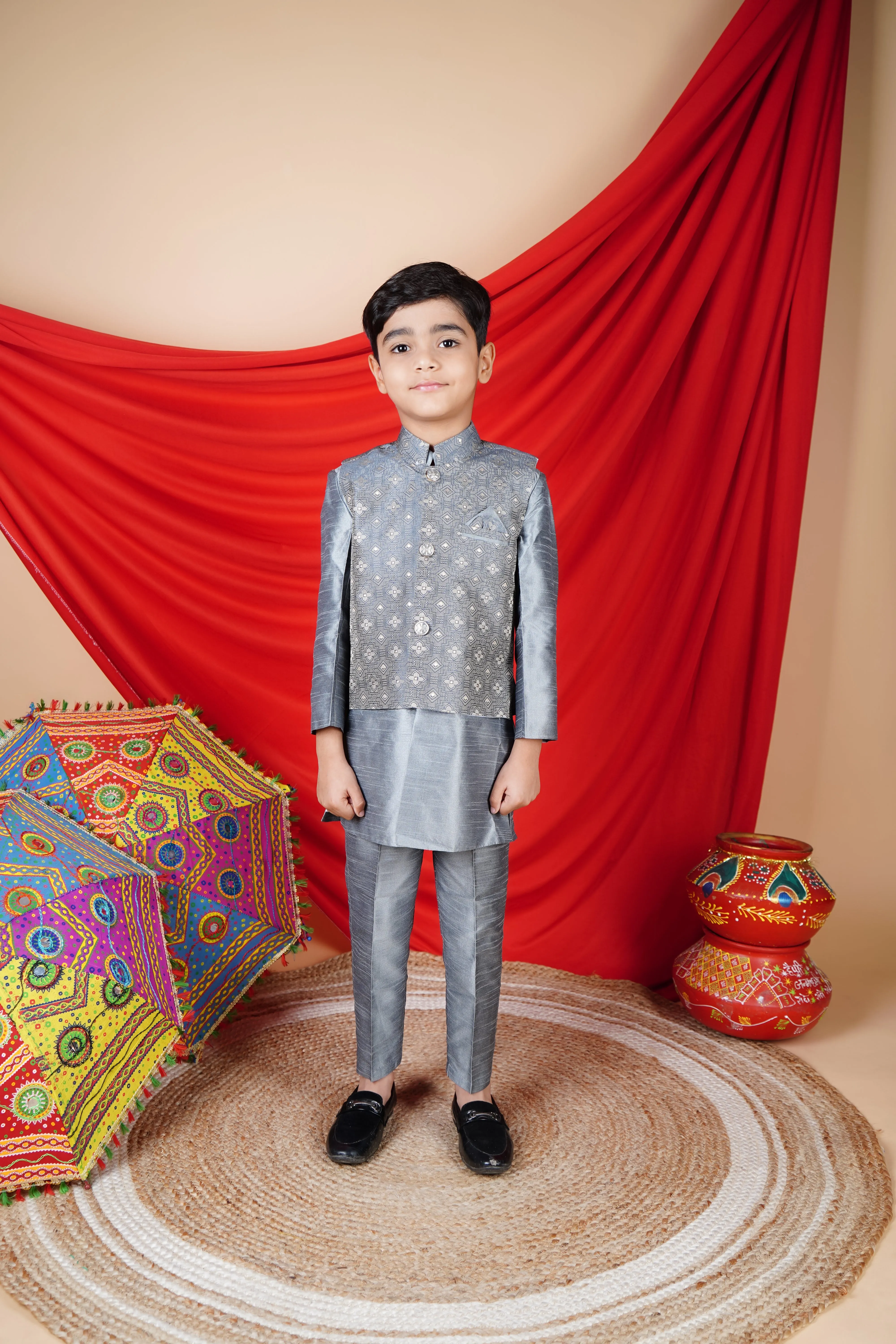 Ahhaaaa Kids Ethnic Silk Blend Waistcoat Kurta Pyjama 3 Piece Set For Boys