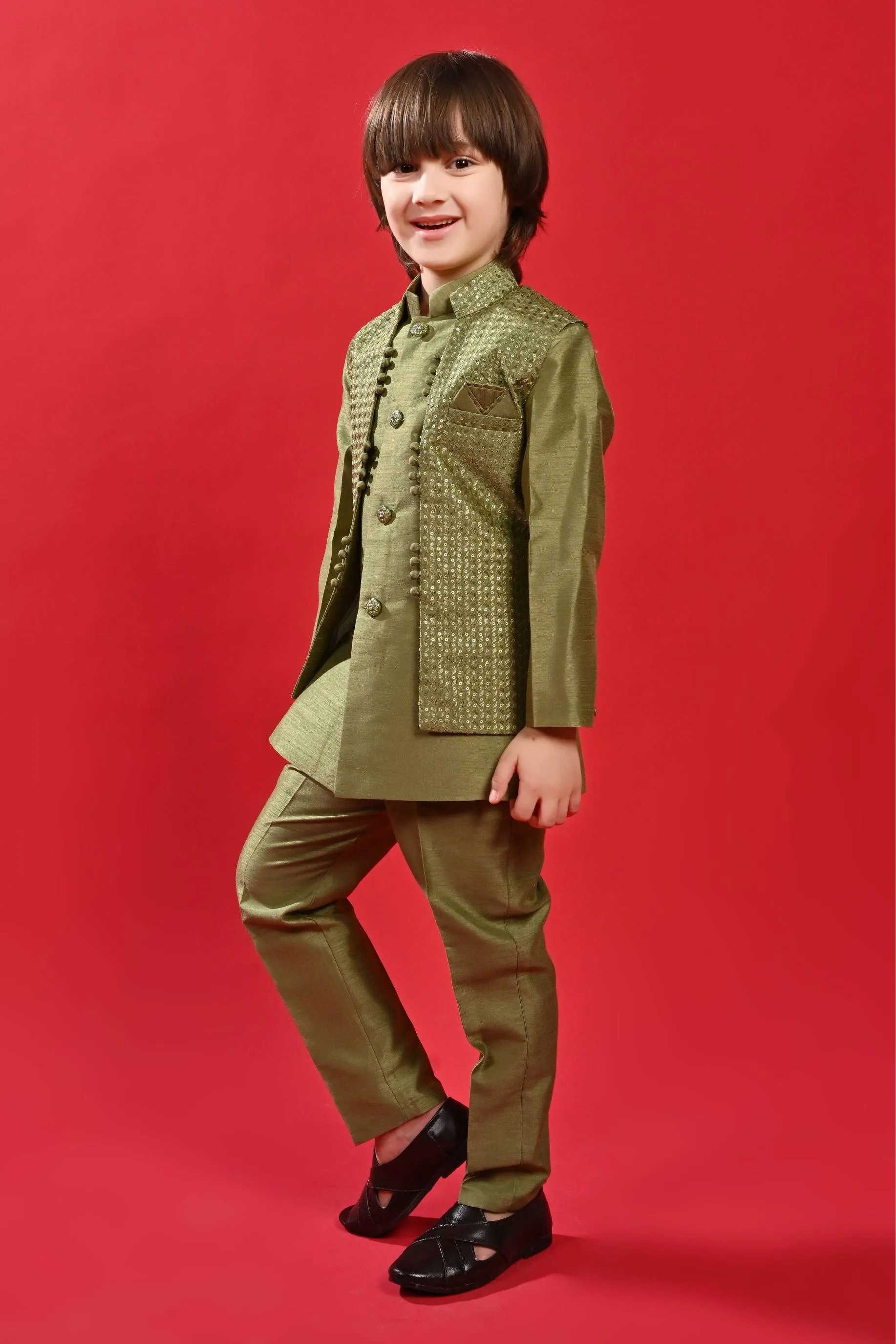 Ahhaaaa Kids Ethnic Silk Blend Waistcoat Kurta Pyjama 3 Piece Sherwani Set For Boys