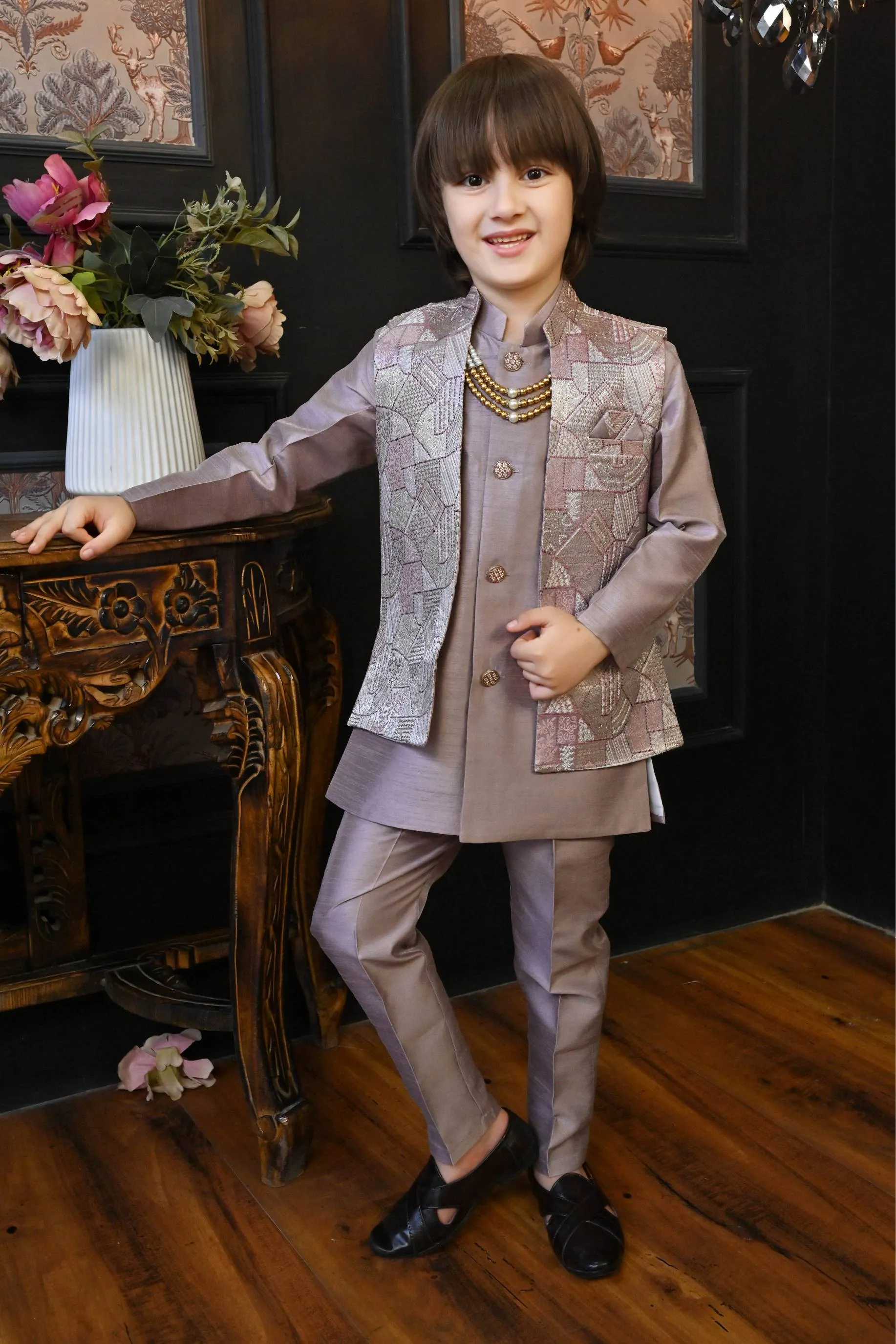 Ahhaaaa Kids Ethnic Silk Blend Waistcoat Kurta Pyjama 3 Piece Sherwani Set For Boys