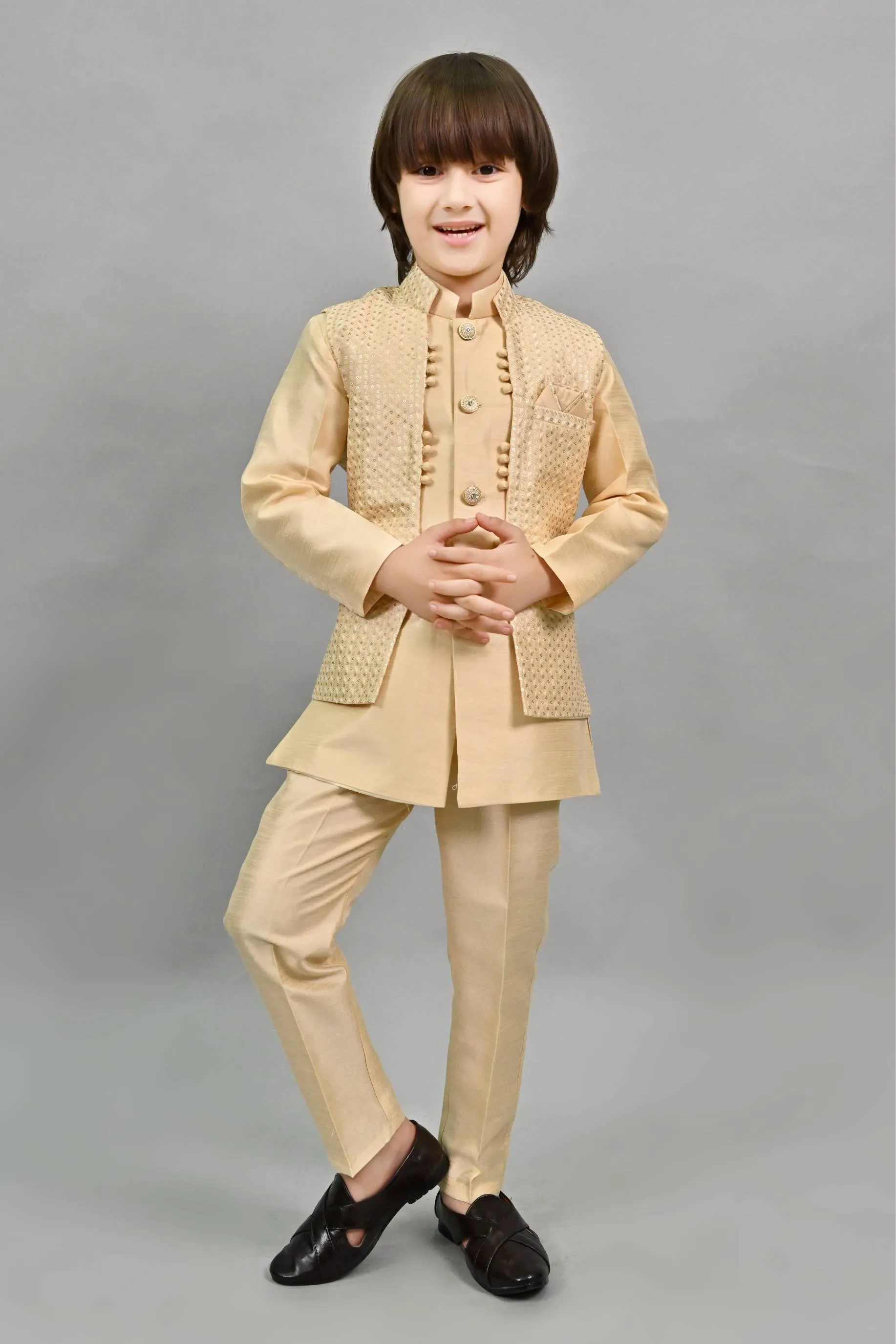 Ahhaaaa Kids Ethnic Silk Blend Waistcoat Kurta Pyjama 3 Piece Sherwani Set For Boys