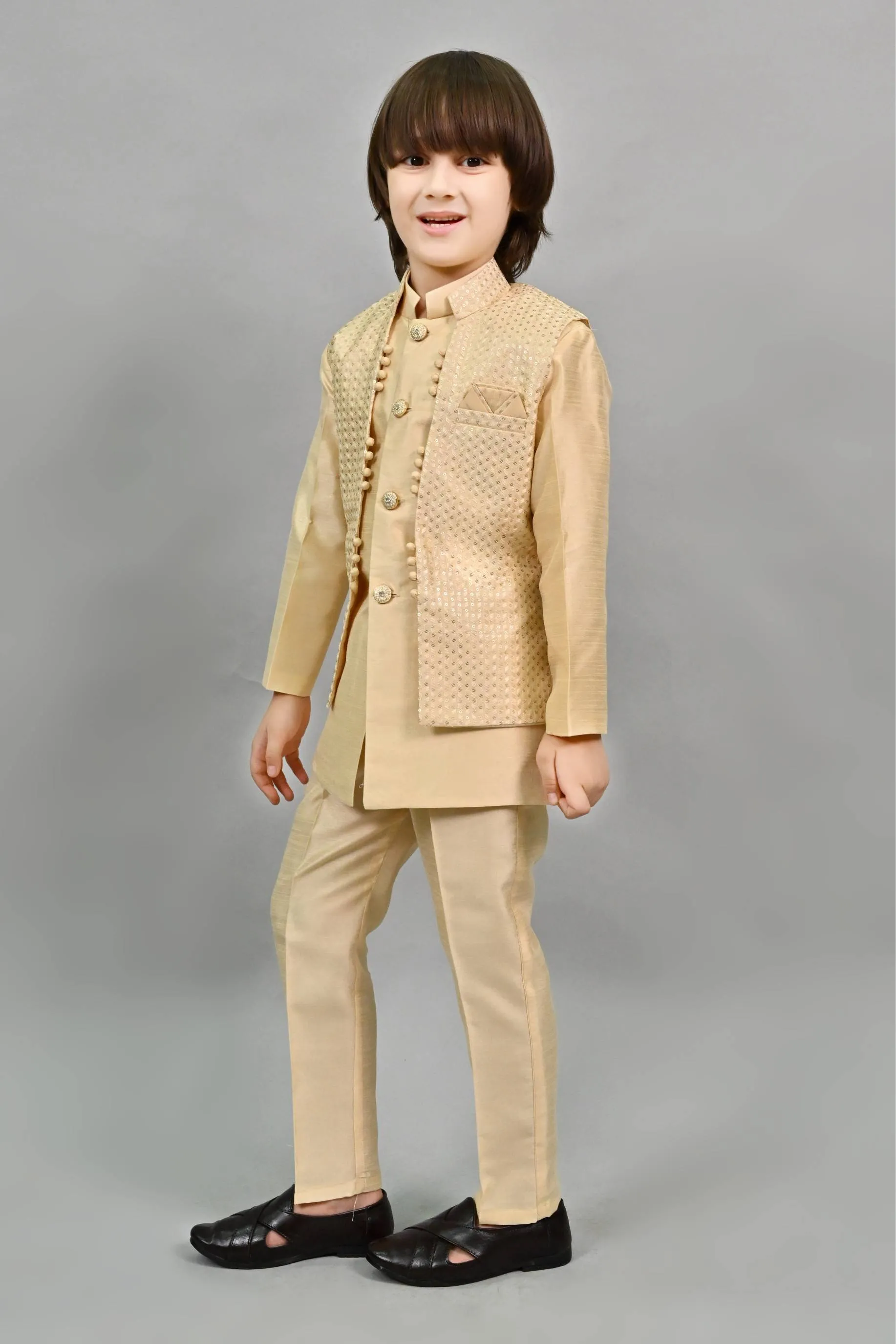 Ahhaaaa Kids Ethnic Silk Blend Waistcoat Kurta Pyjama 3 Piece Sherwani Set For Boys