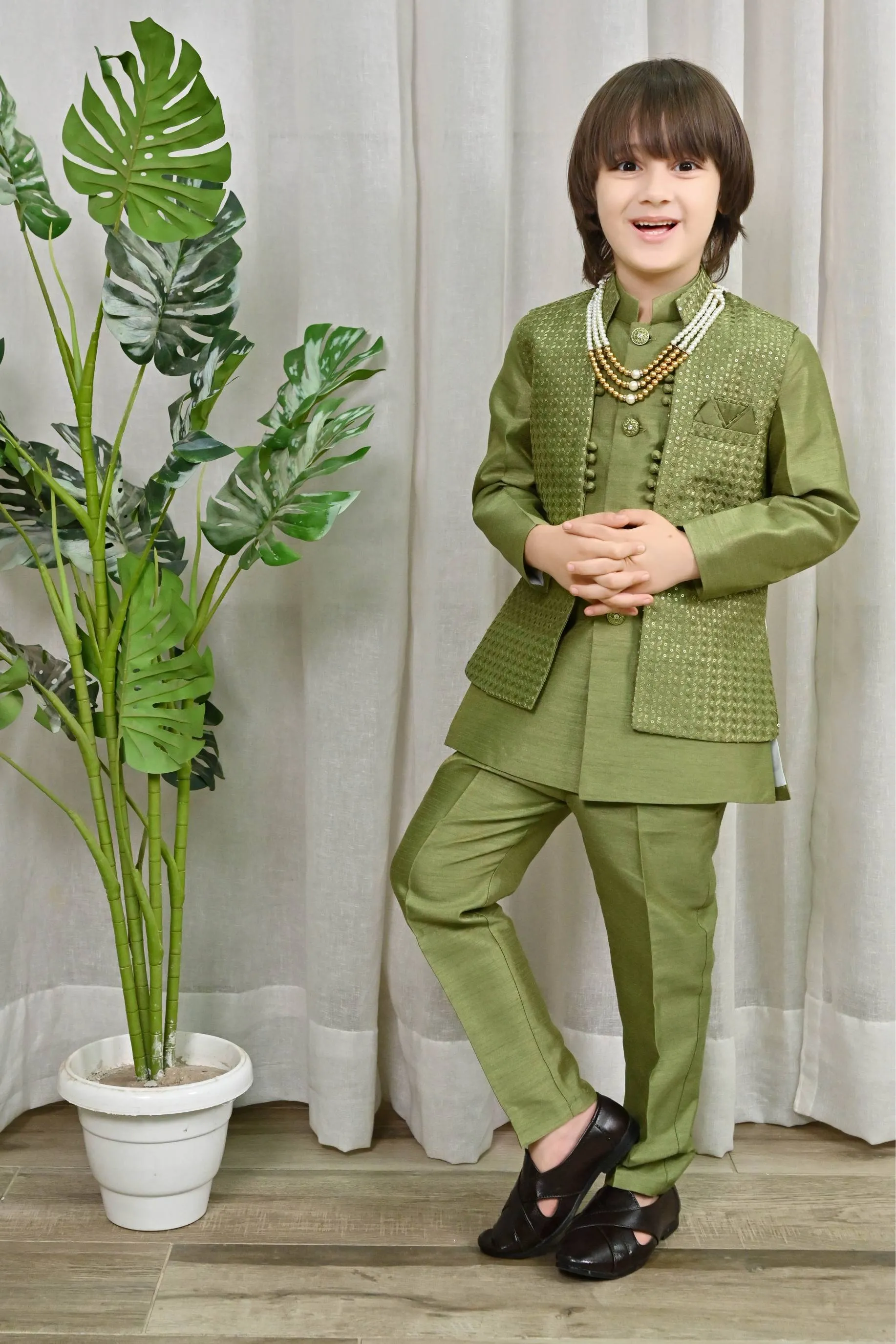 Ahhaaaa Kids Ethnic Silk Blend Waistcoat Kurta Pyjama 3 Piece Sherwani Set For Boys