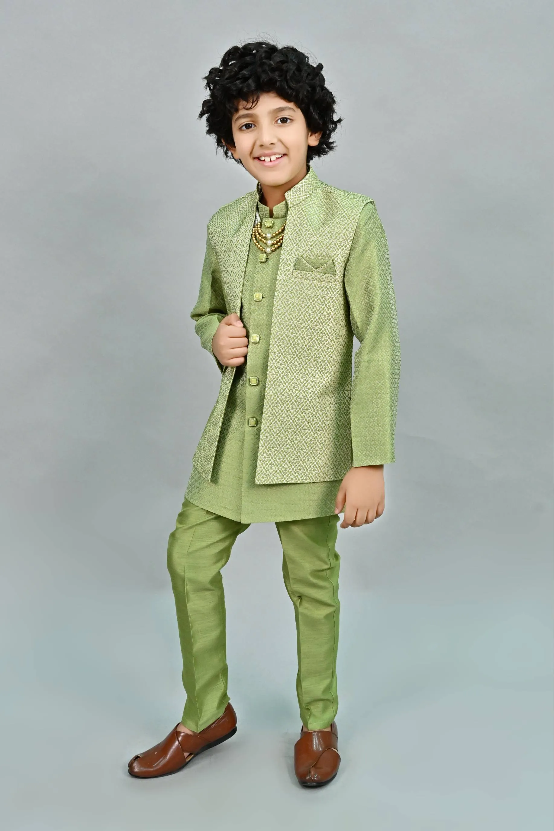 Ahhaaaa Kids Thread Zari Work Indo-Western Kurta, Pajama and Waistcoat for Boys