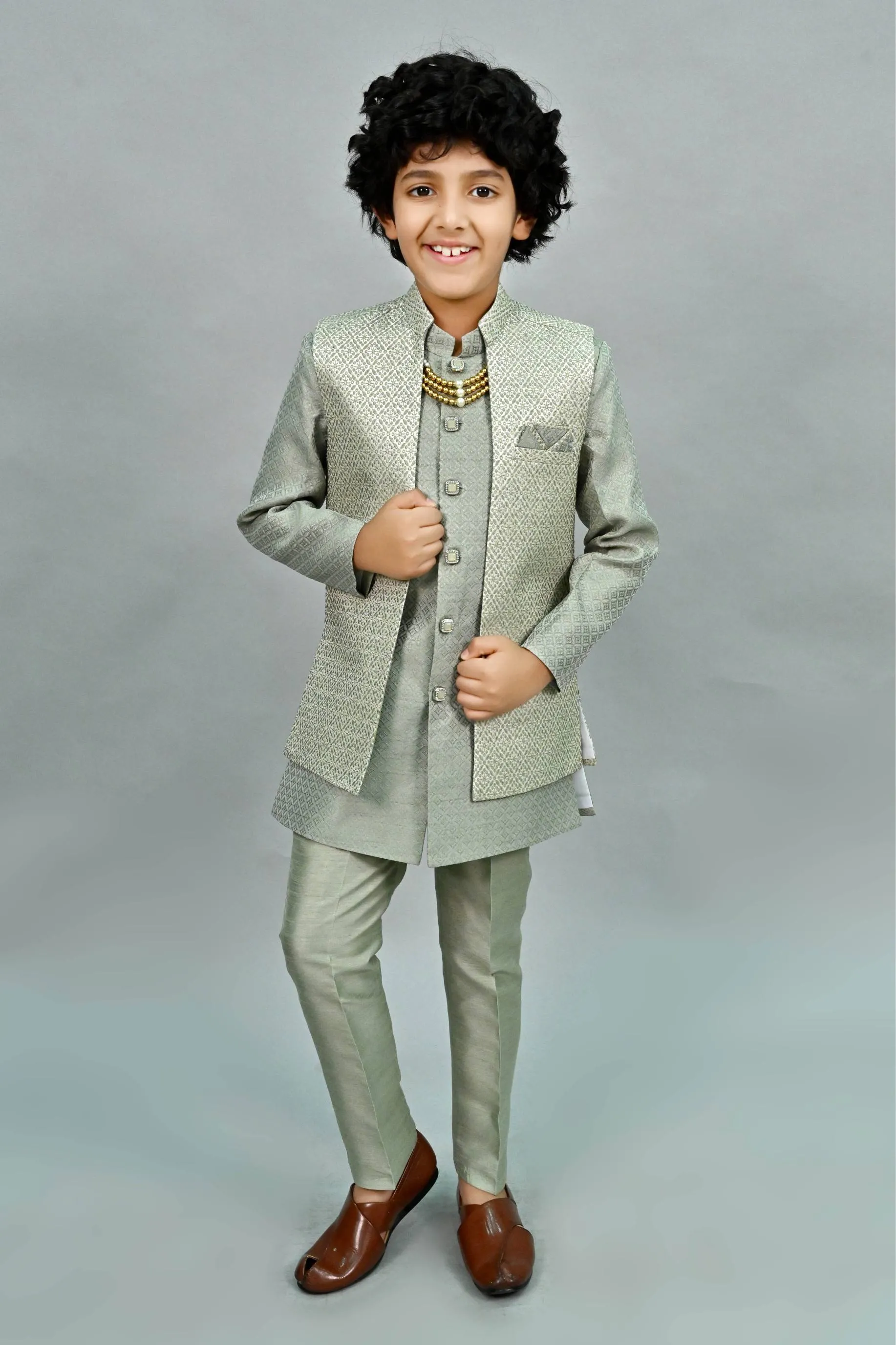 Ahhaaaa Kids Thread Zari Work Indo-Western Kurta, Pajama and Waistcoat for Boys