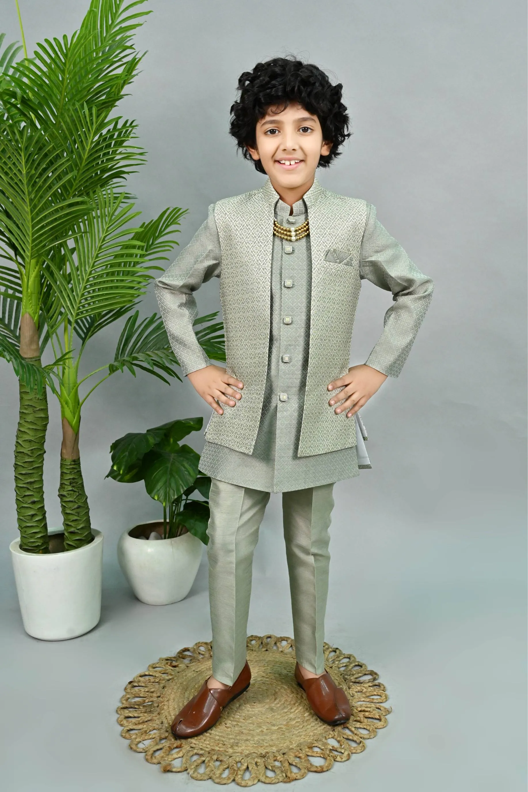 Ahhaaaa Kids Thread Zari Work Indo-Western Kurta, Pajama and Waistcoat for Boys