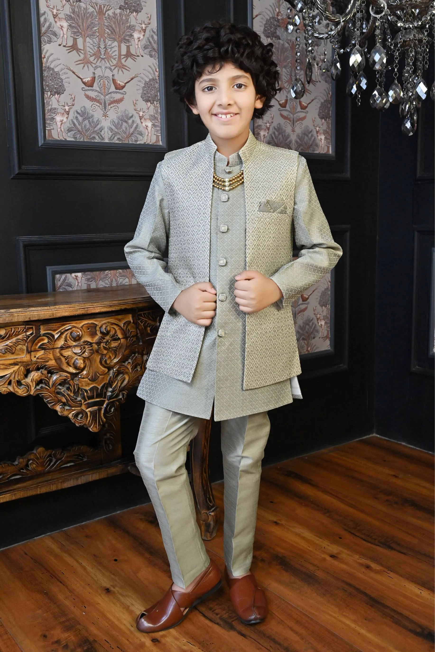 Ahhaaaa Kids Thread Zari Work Indo-Western Kurta, Pajama and Waistcoat for Boys