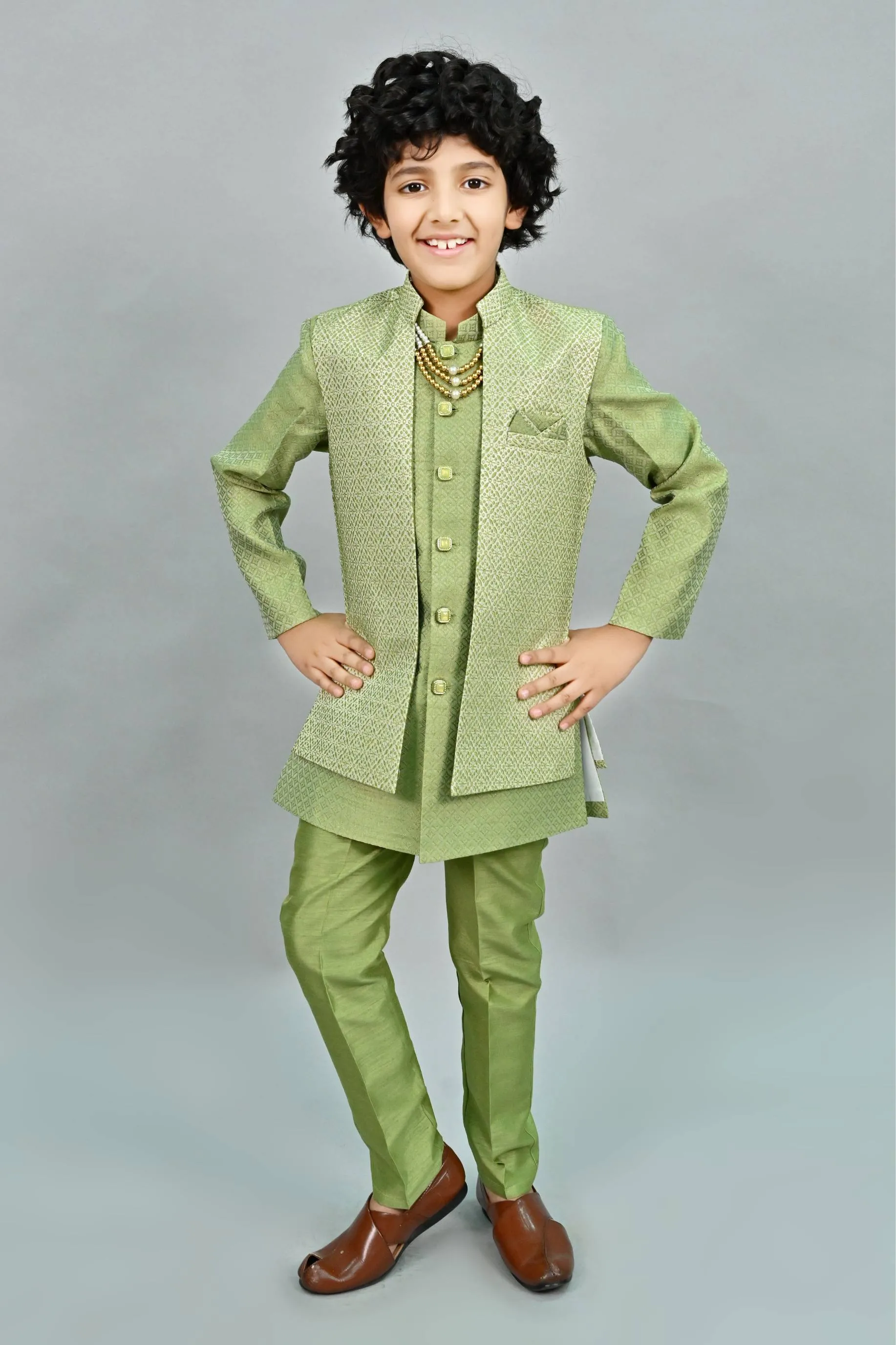 Ahhaaaa Kids Thread Zari Work Indo-Western Kurta, Pajama and Waistcoat for Boys