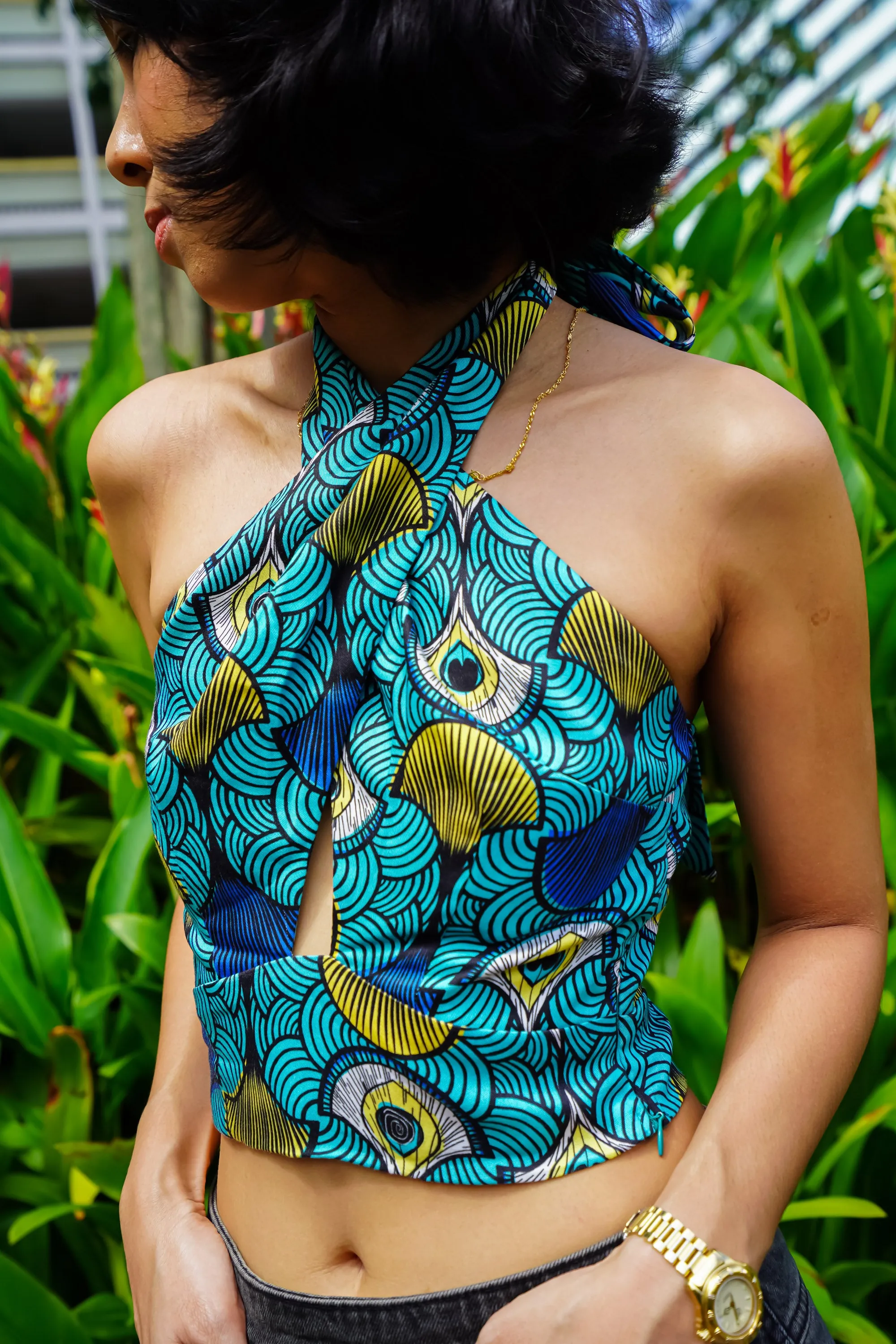 Ajah Halter Neck Crossover-straps Top - Teal Ewa Naibu- OA OG Print