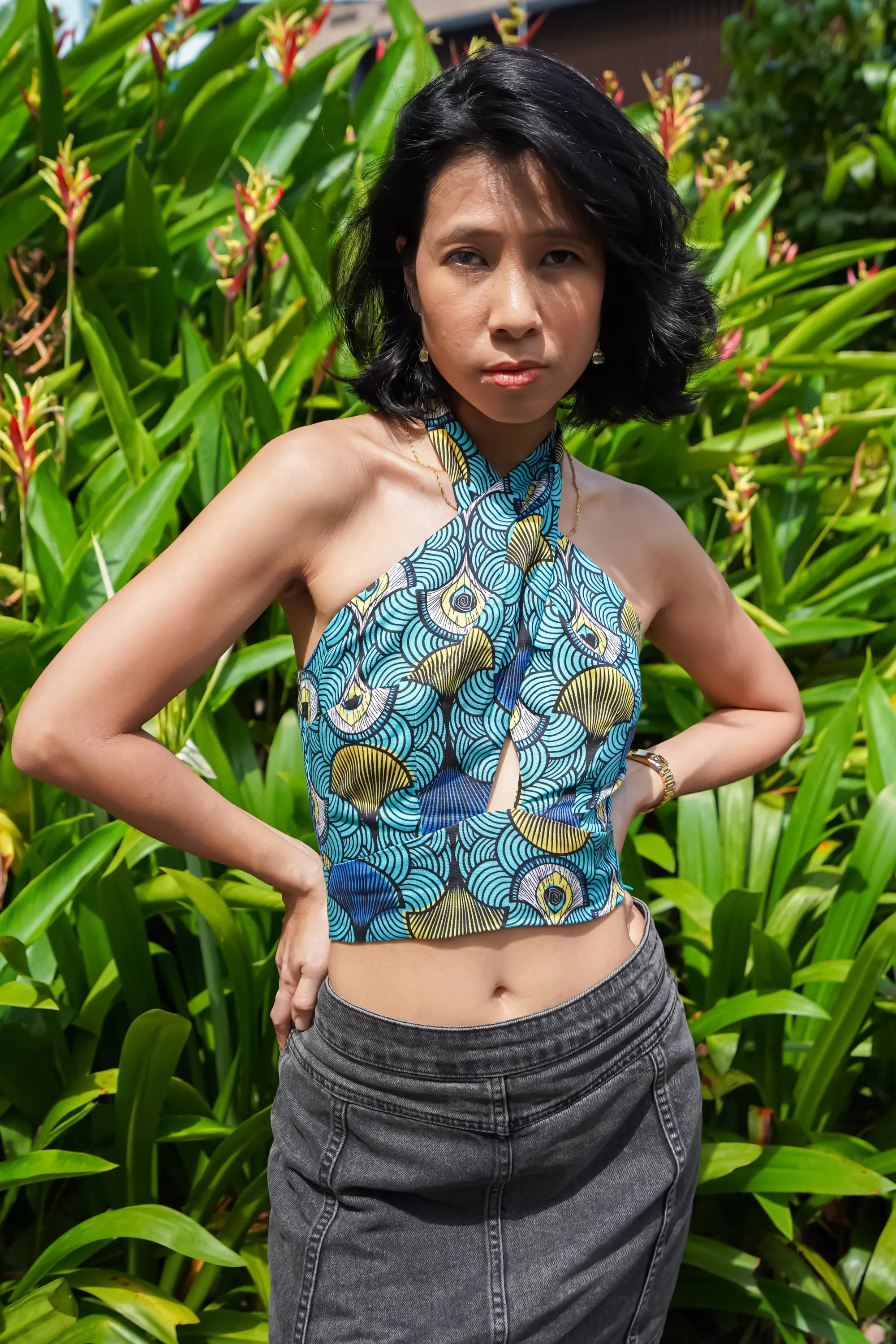 Ajah Halter Neck Crossover-straps Top - Teal Ewa Naibu- OA OG Print