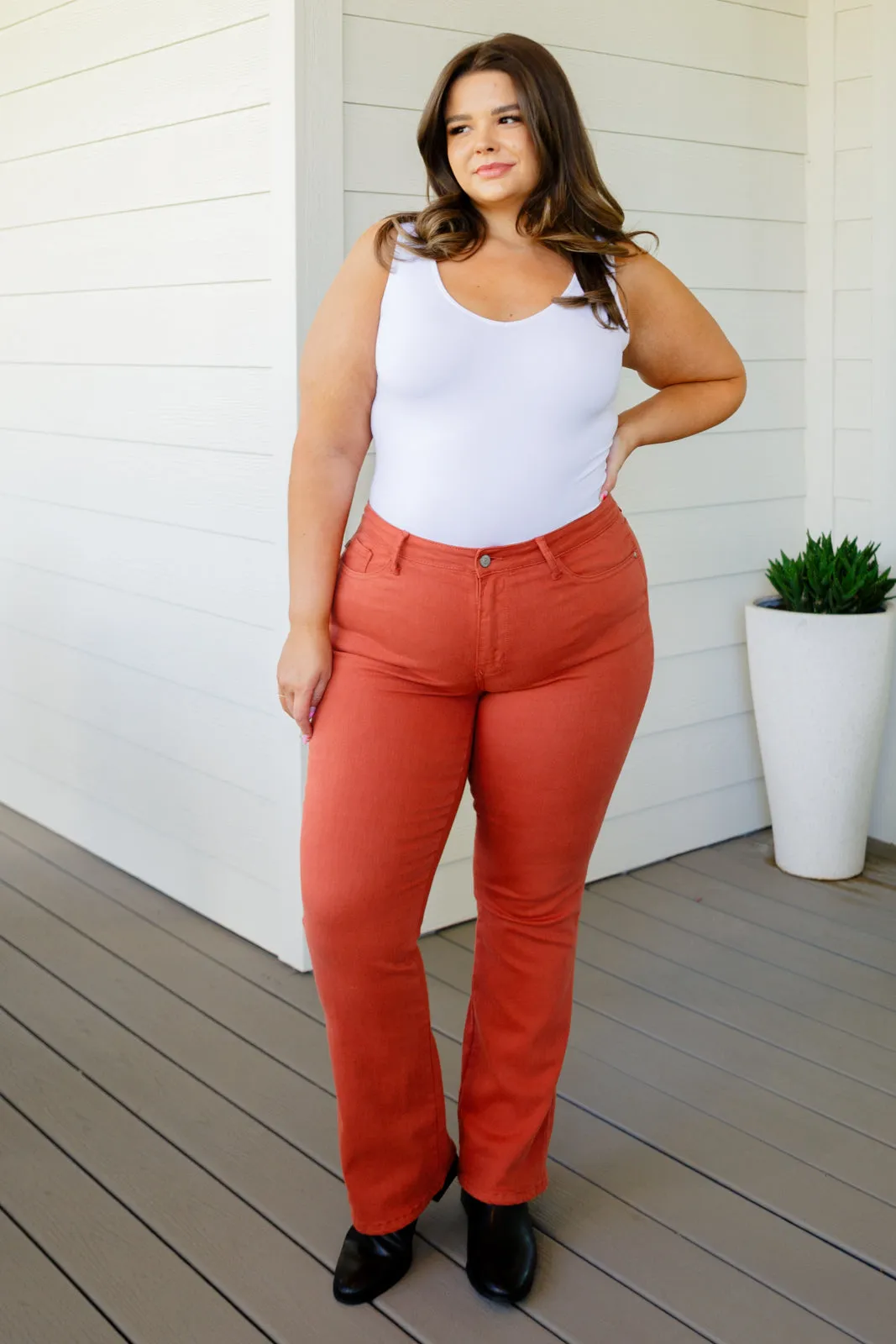 Autumn Mid Rise Slim Bootcut Jeans in Terracotta-- Use the code SPRINGJB for 20% off!