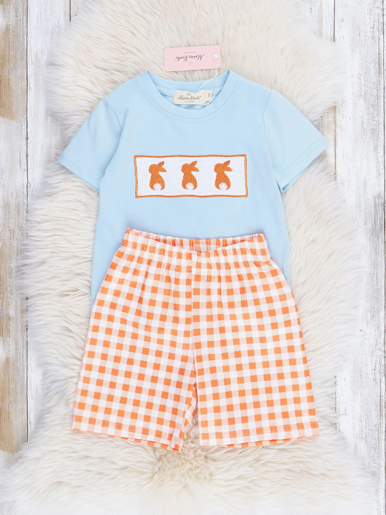 Baby Blue & Orange Smocked Bunny Outfit