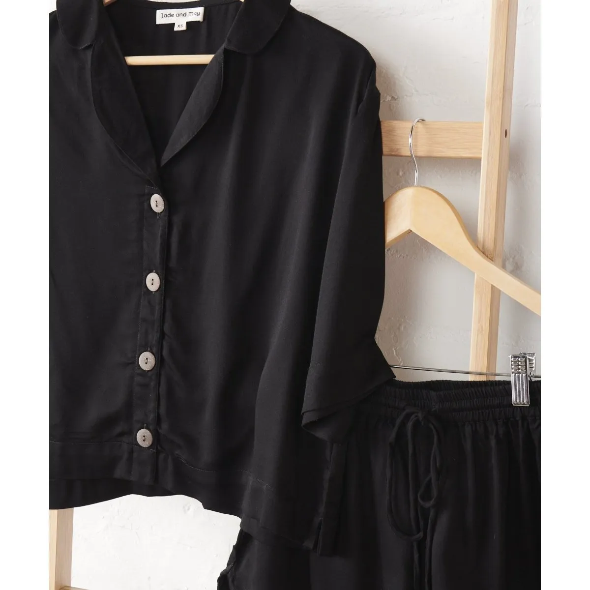 Bamboo Pyjamas - Crop Button Up   Pant Set in Black