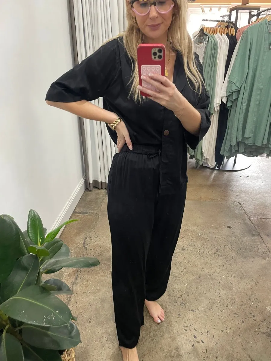 Bamboo Pyjamas - Crop Button Up   Pant Set in Black