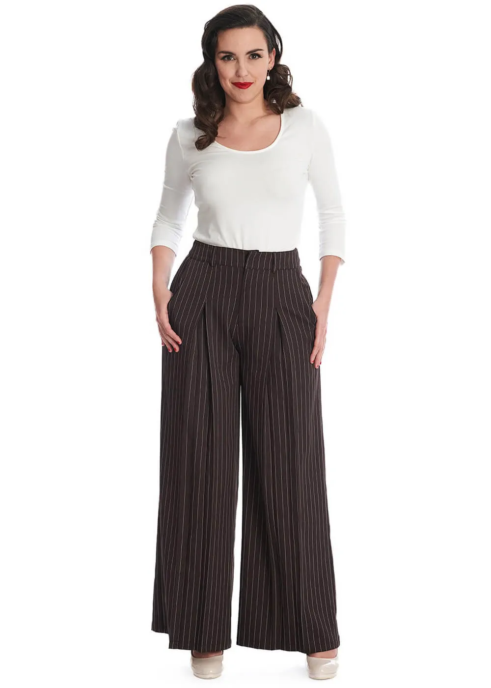 Banned Pinstripe Goals 40's Trousers Black