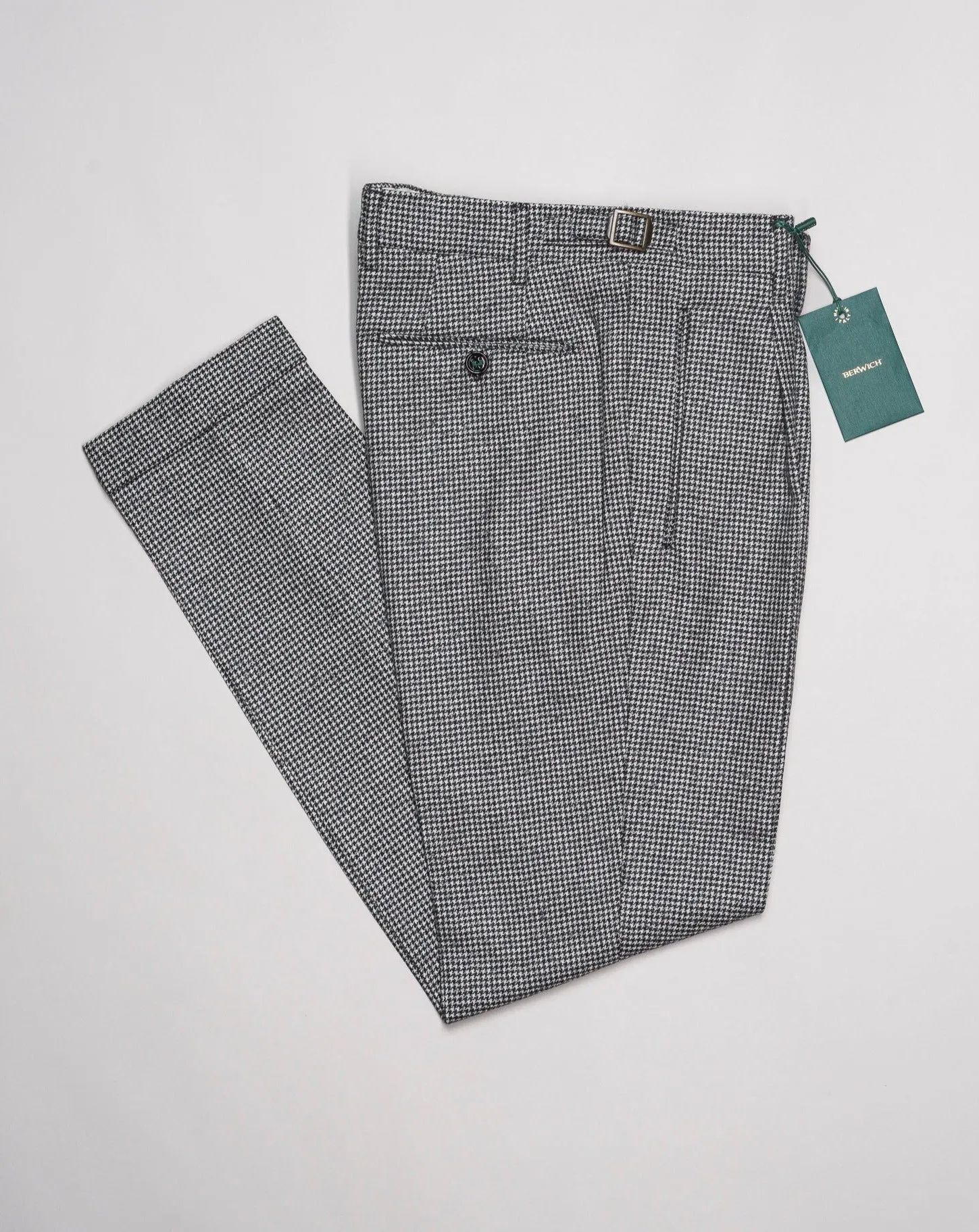 Berwich Single Pleat Houndstooth Wool Trousers / Light Grey