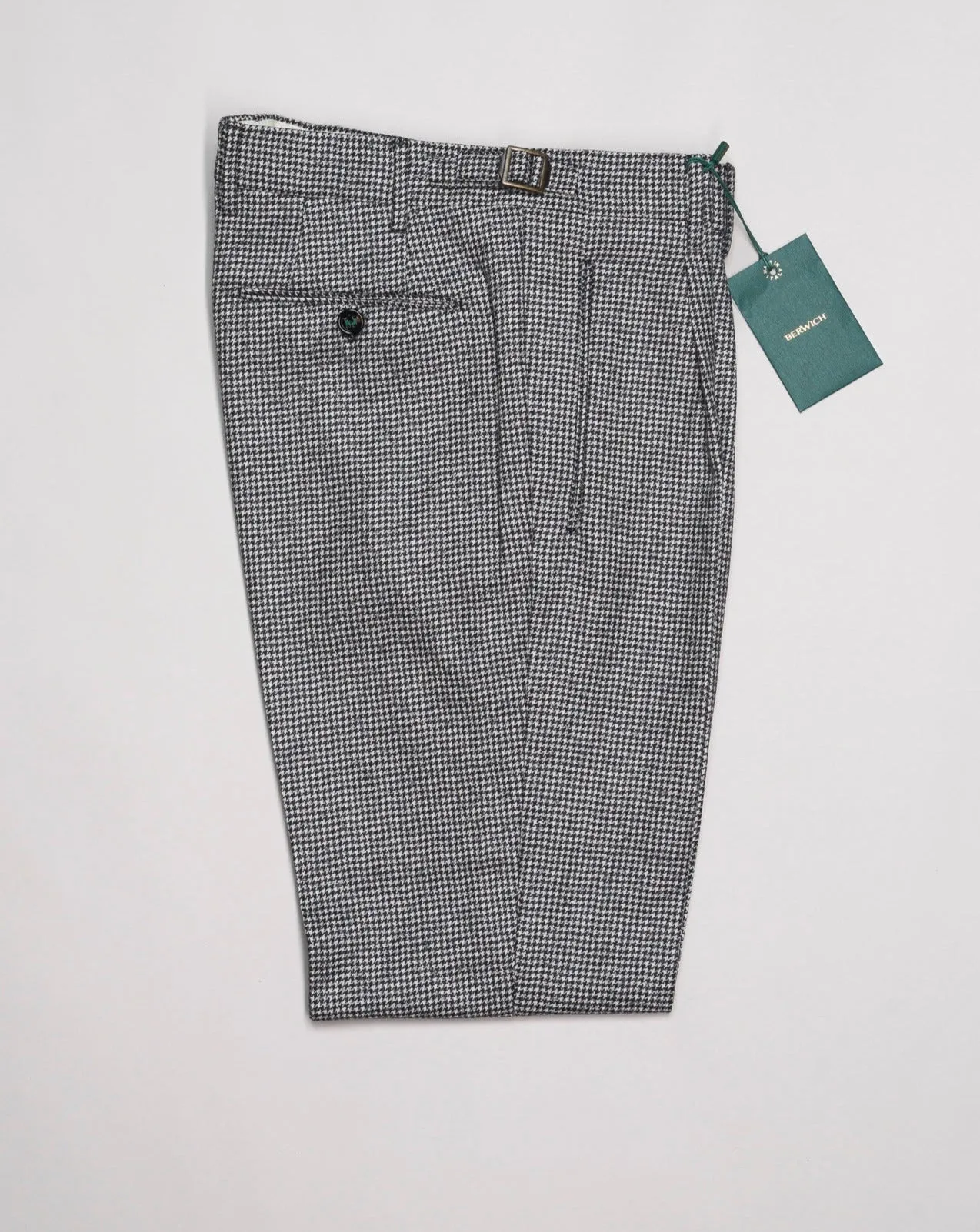 Berwich Single Pleat Houndstooth Wool Trousers / Light Grey