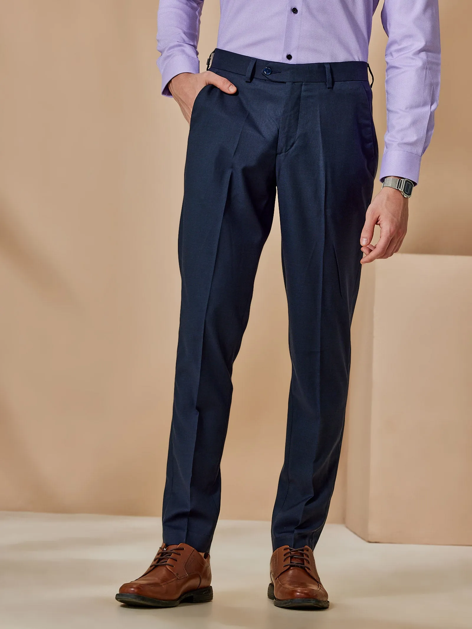 Blue Stretch Solid Formal Trouser