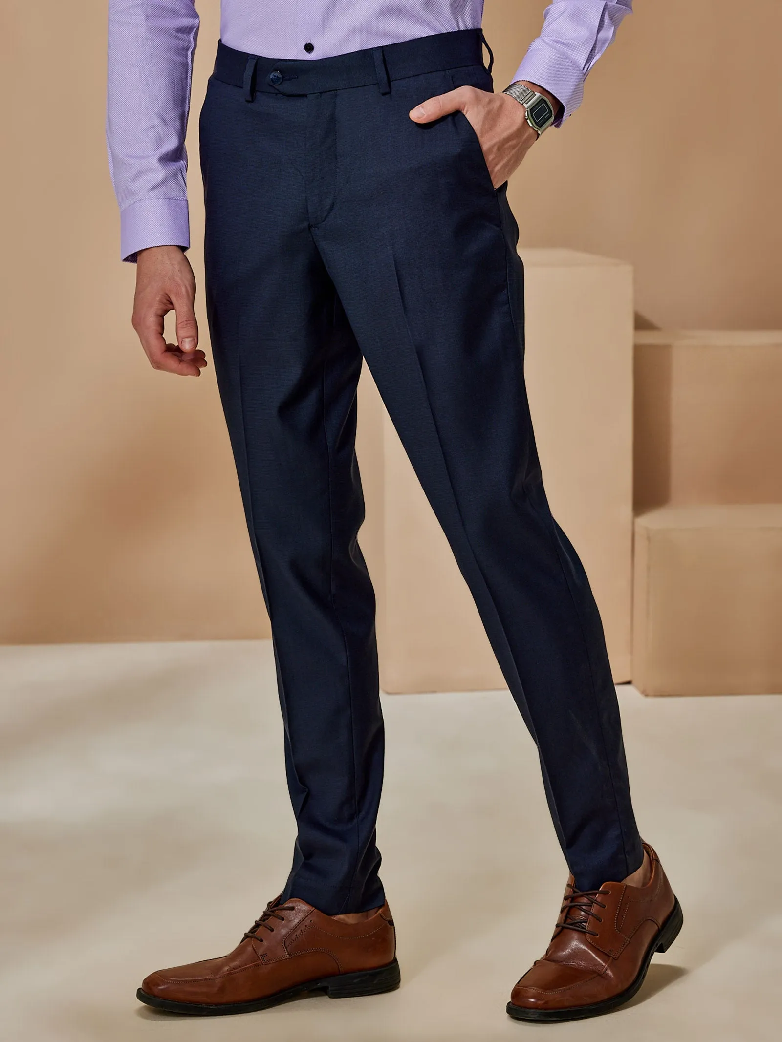 Blue Stretch Solid Formal Trouser