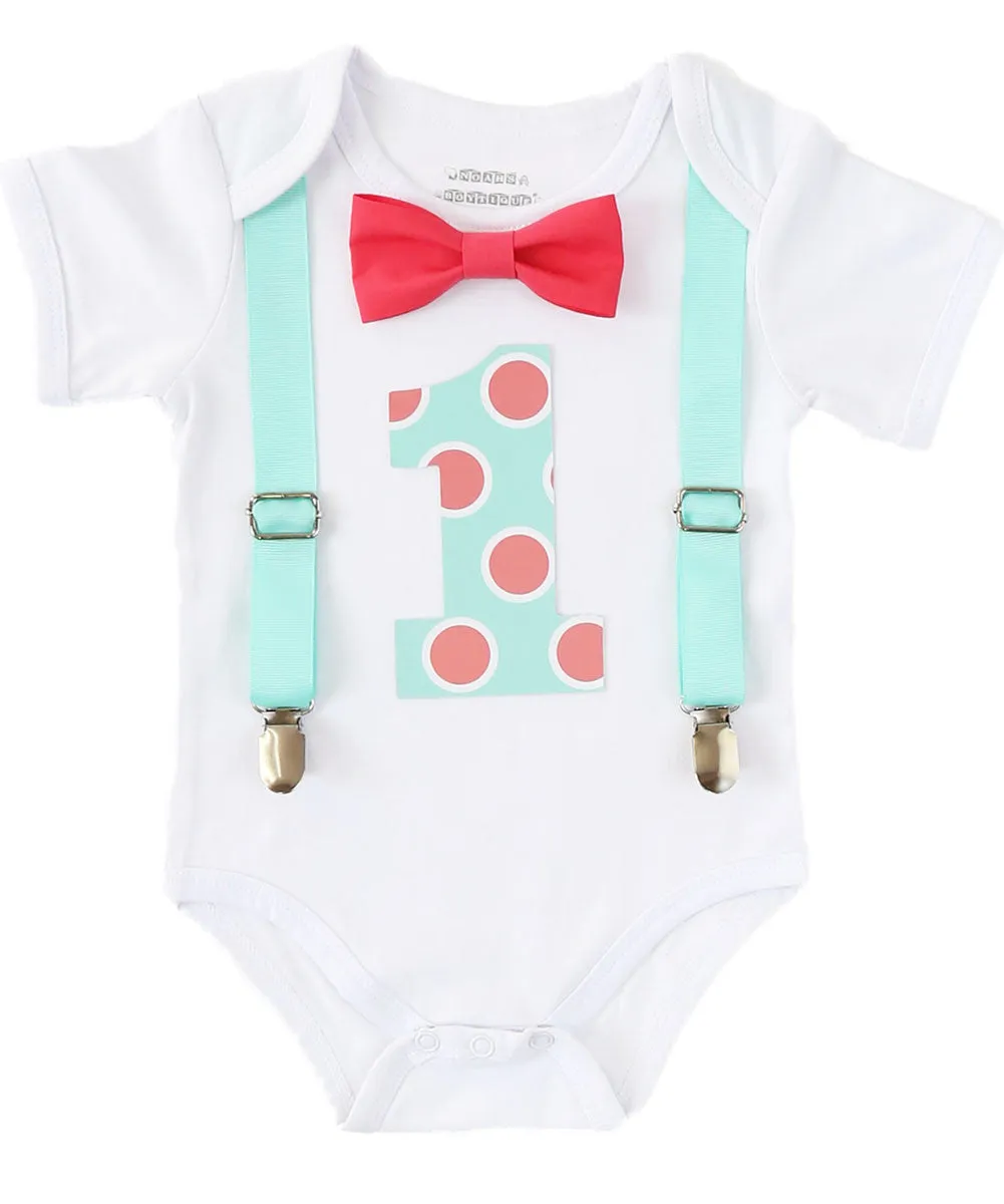 Boys First Birthday Outfit Mint and Coral - Polka Dot Number One - Spring Birthday - 1st Birthday Outfit - Boys Birthday Clothes - Colorful