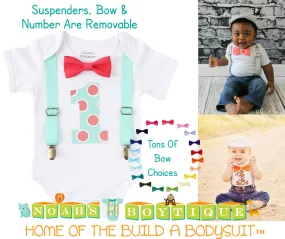 Boys First Birthday Outfit Mint and Coral - Polka Dot Number One - Spring Birthday - 1st Birthday Outfit - Boys Birthday Clothes - Colorful