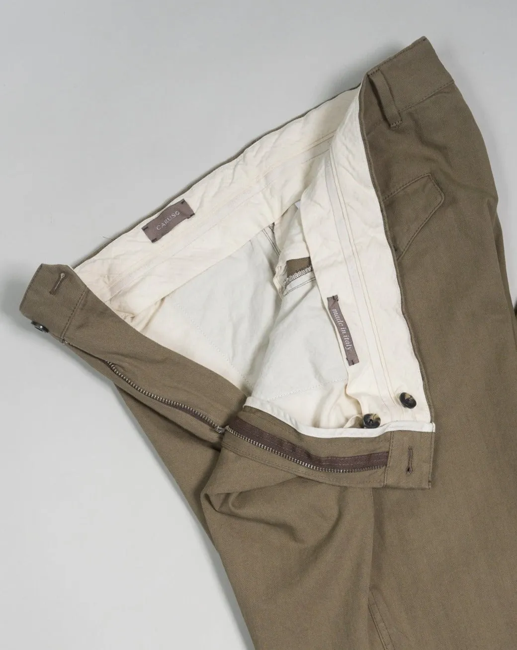 Caruso Herringbone Cotton Trousers / Khaki