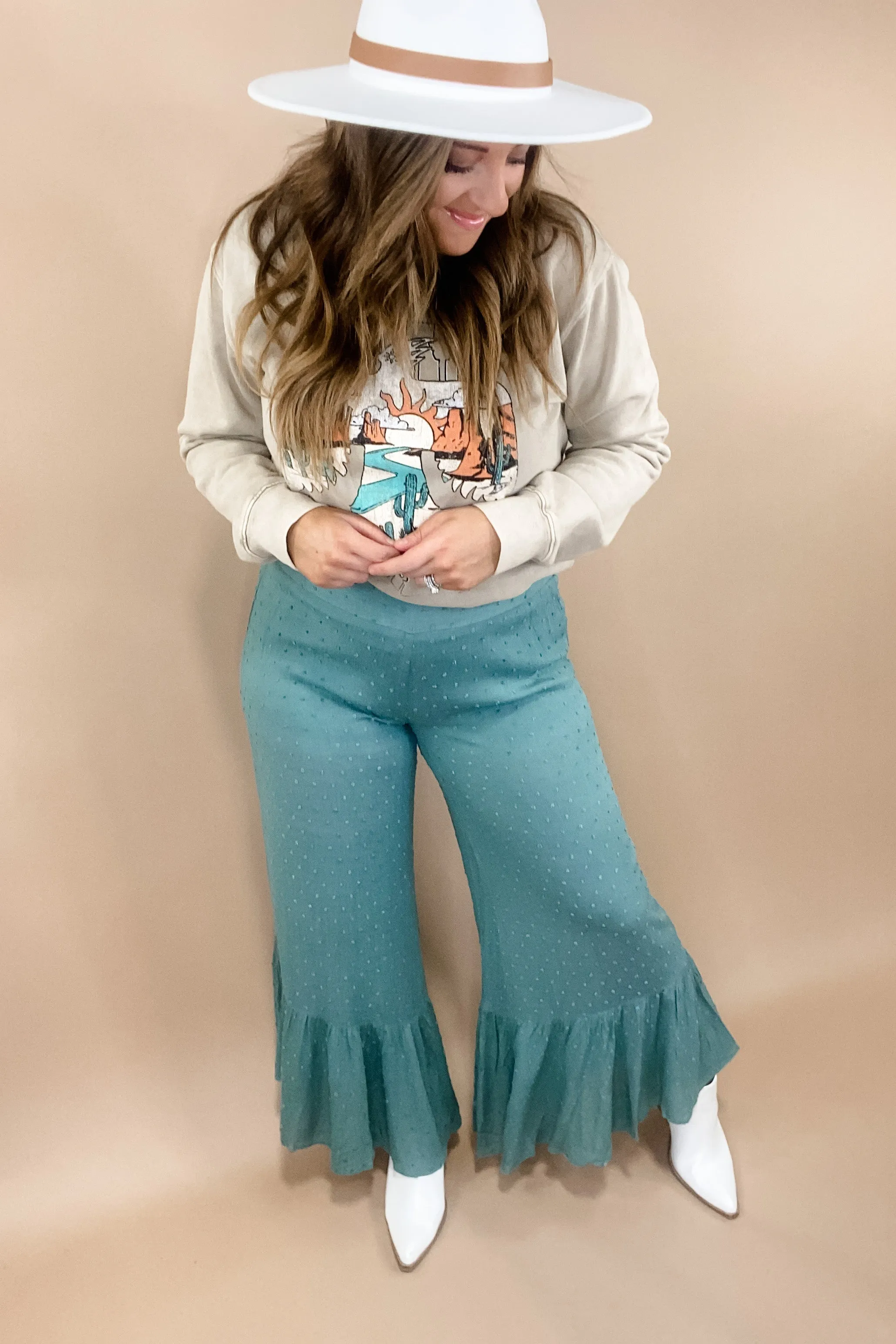 Causing Commotion- {Lilac & Teal} Swiss Dot Asymmetrical Ruffle Pants