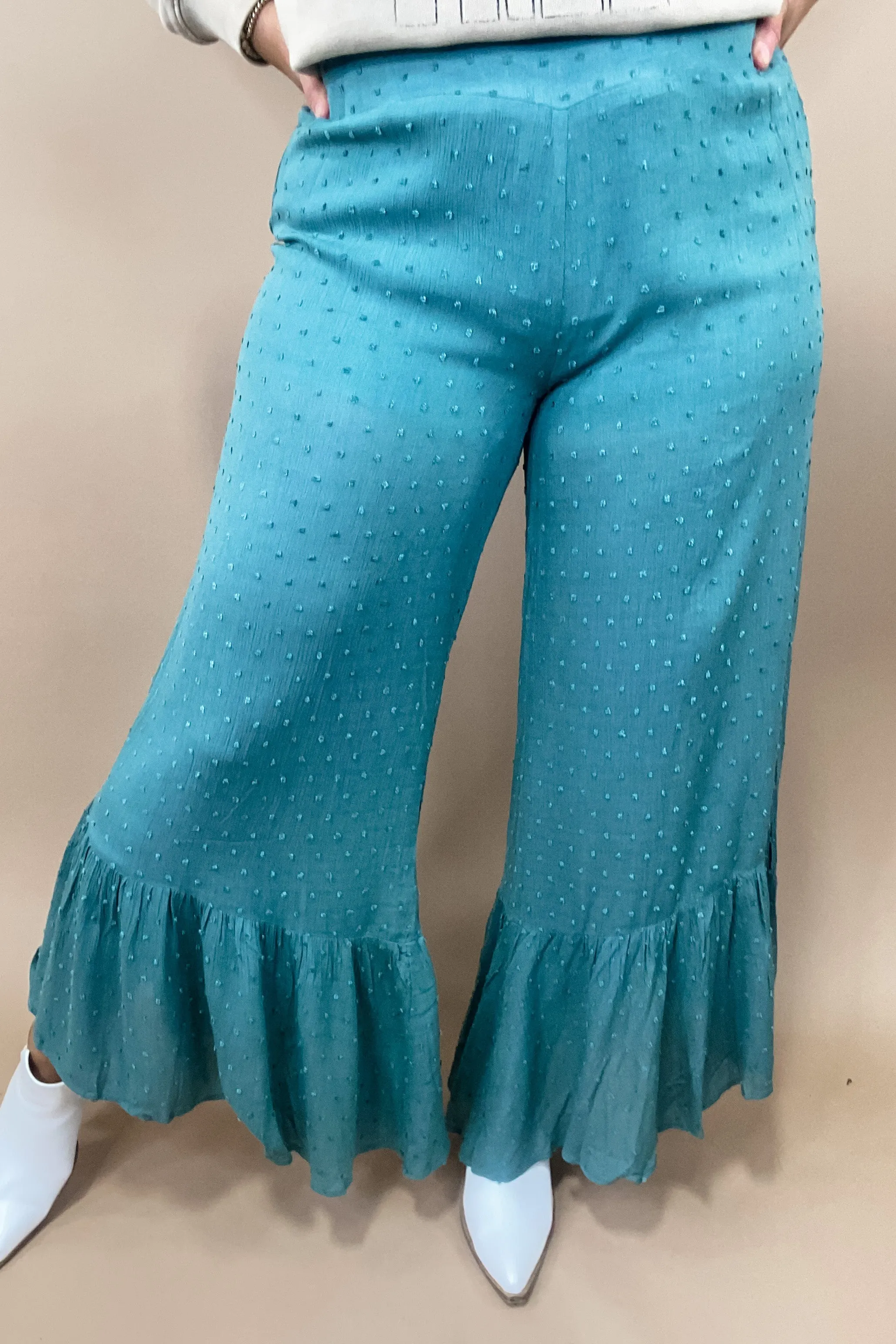 Causing Commotion- {Lilac & Teal} Swiss Dot Asymmetrical Ruffle Pants