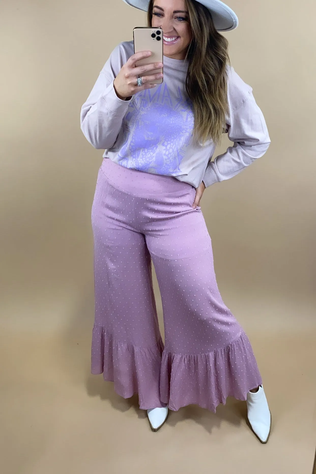 Causing Commotion- {Lilac & Teal} Swiss Dot Asymmetrical Ruffle Pants