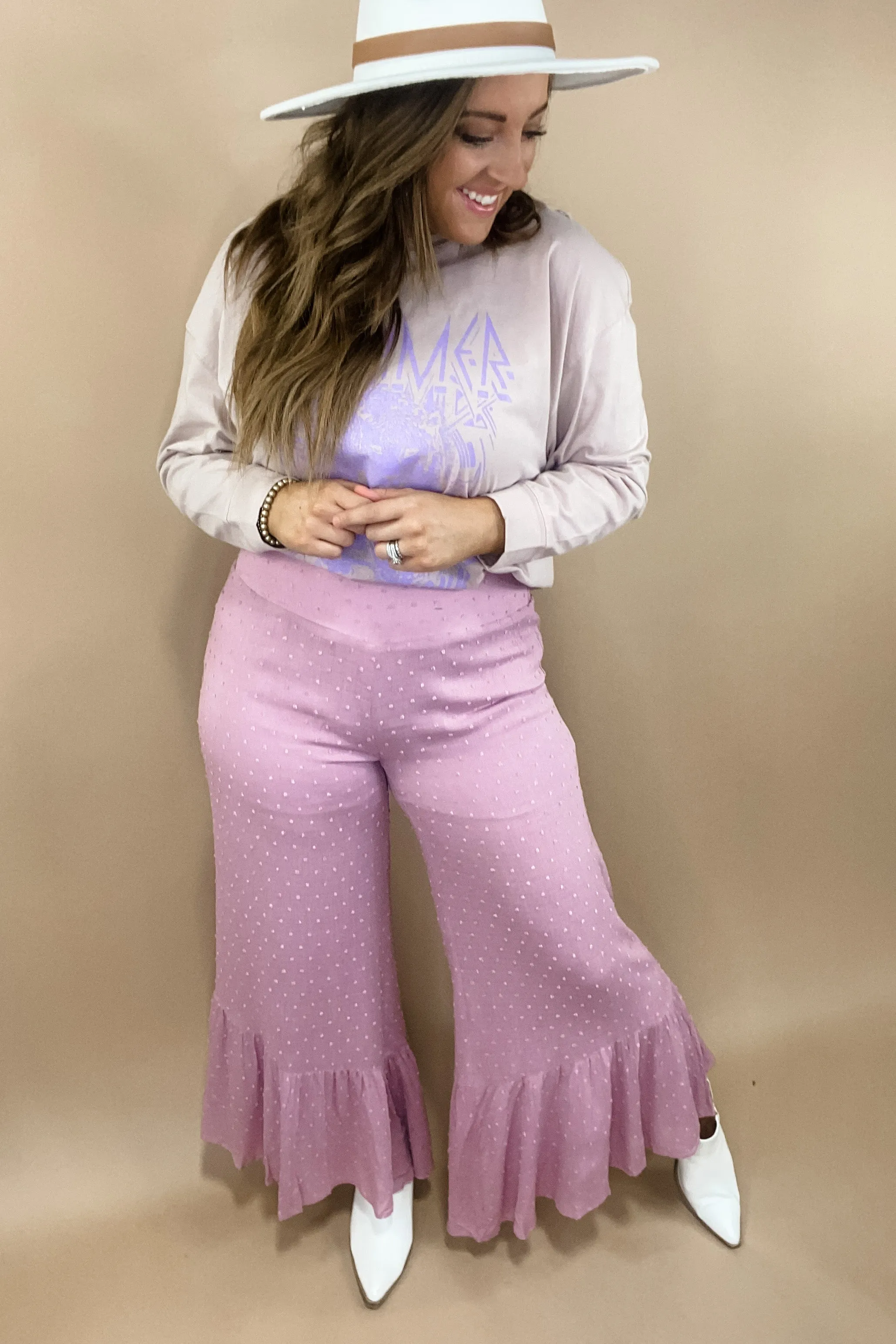 Causing Commotion- {Lilac & Teal} Swiss Dot Asymmetrical Ruffle Pants