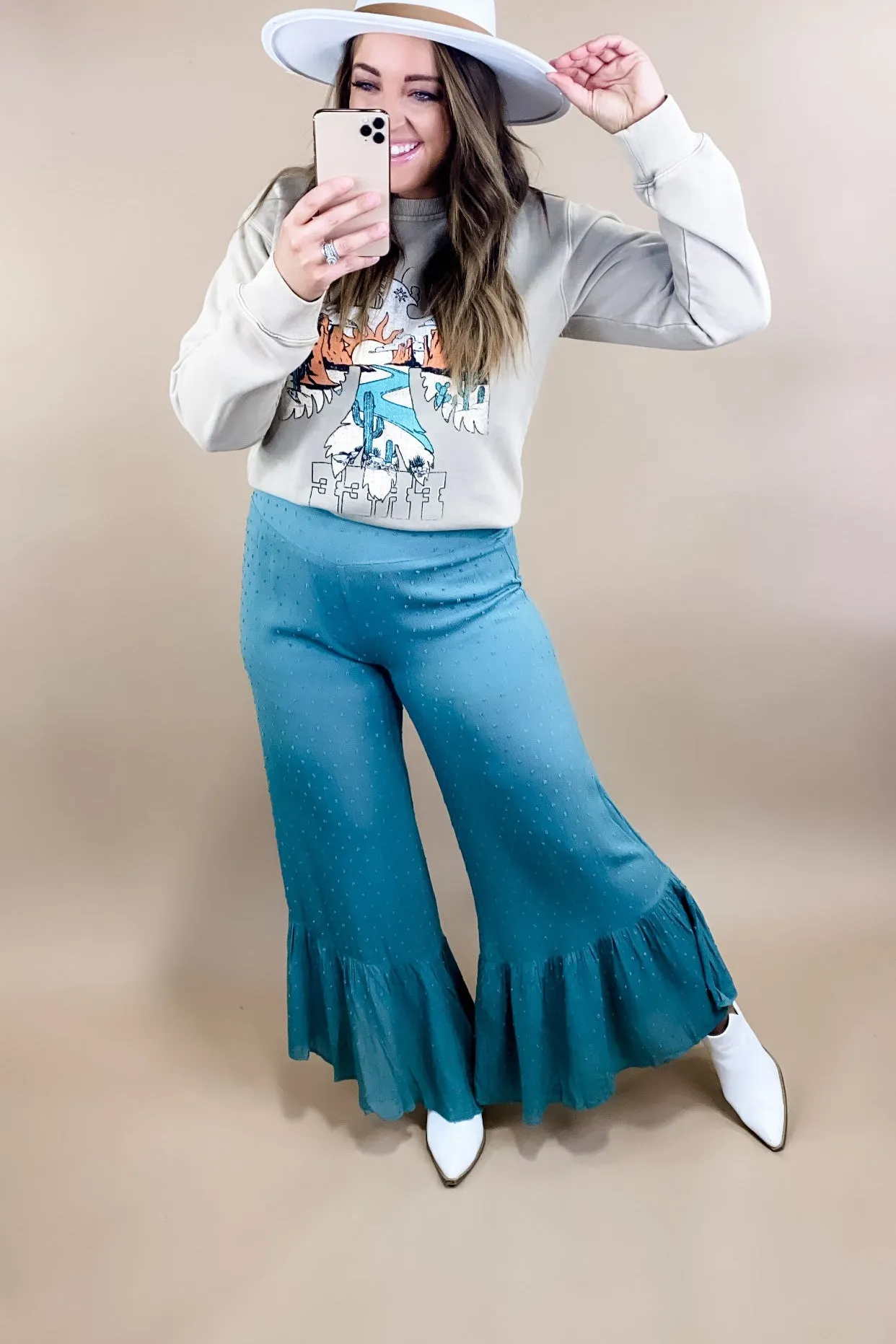 Causing Commotion- {Lilac & Teal} Swiss Dot Asymmetrical Ruffle Pants