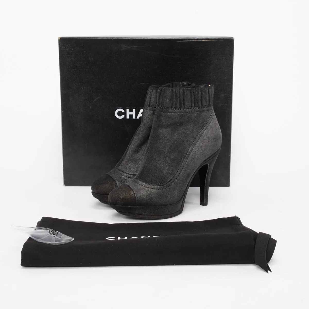 Chanel Anthracite Metallic Suede Platform Sock Boots 37