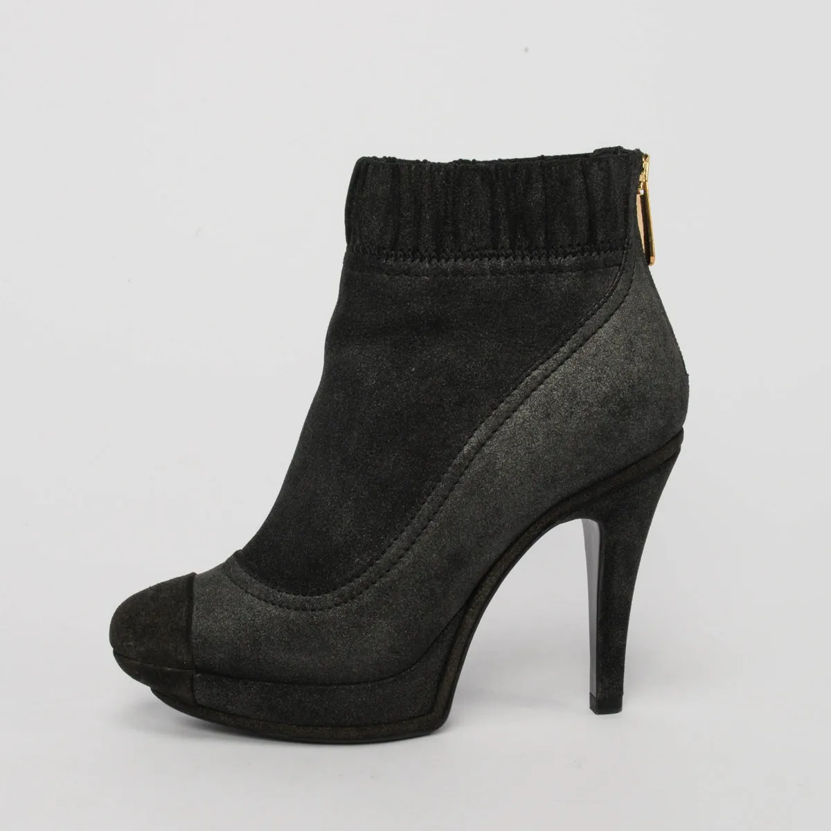 Chanel Anthracite Metallic Suede Platform Sock Boots 37