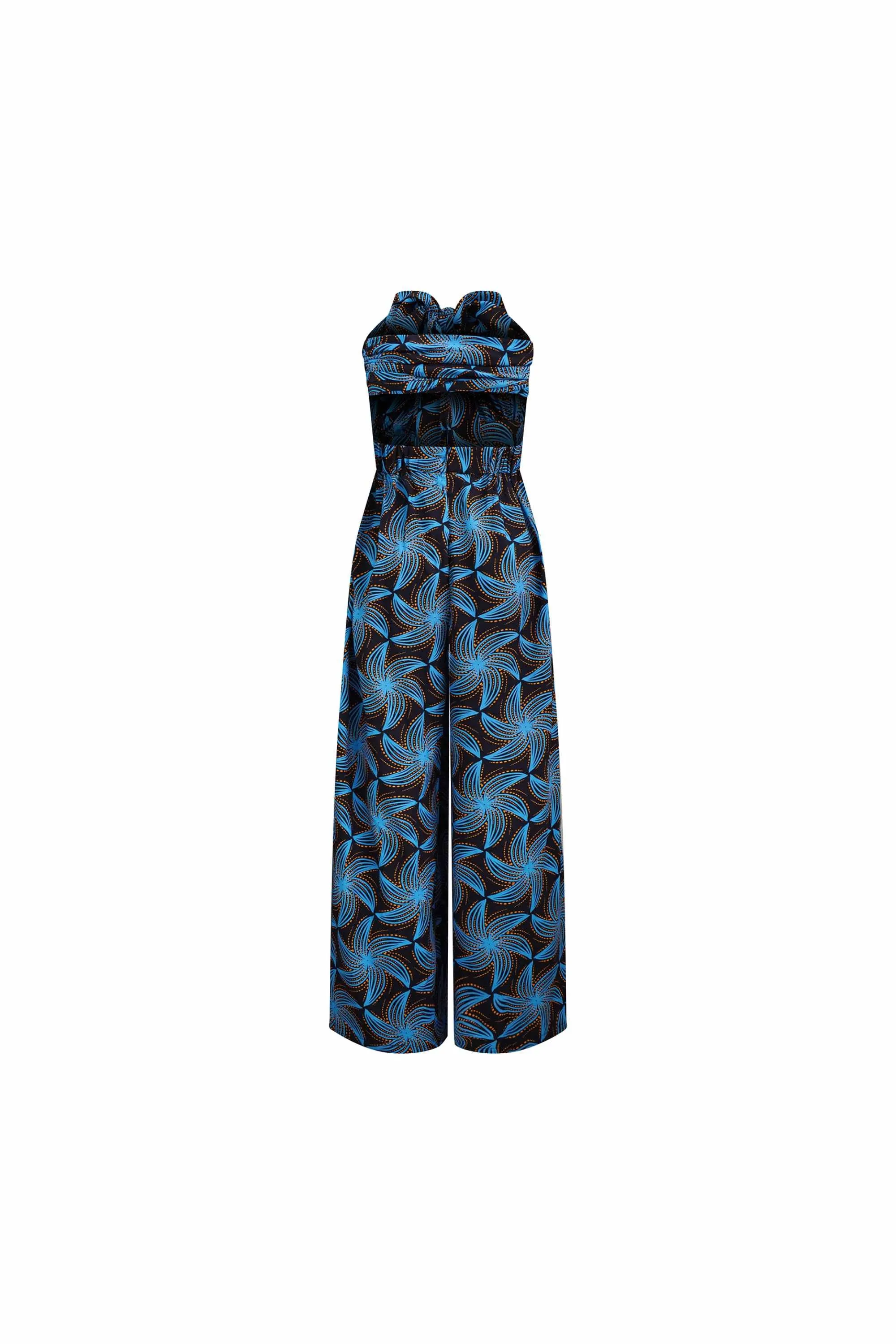 Chinwe Wide Leg Infinity Jumpsuit with Adjustable Straps - Black and Blue Stellar Whirls | ILC OA OG