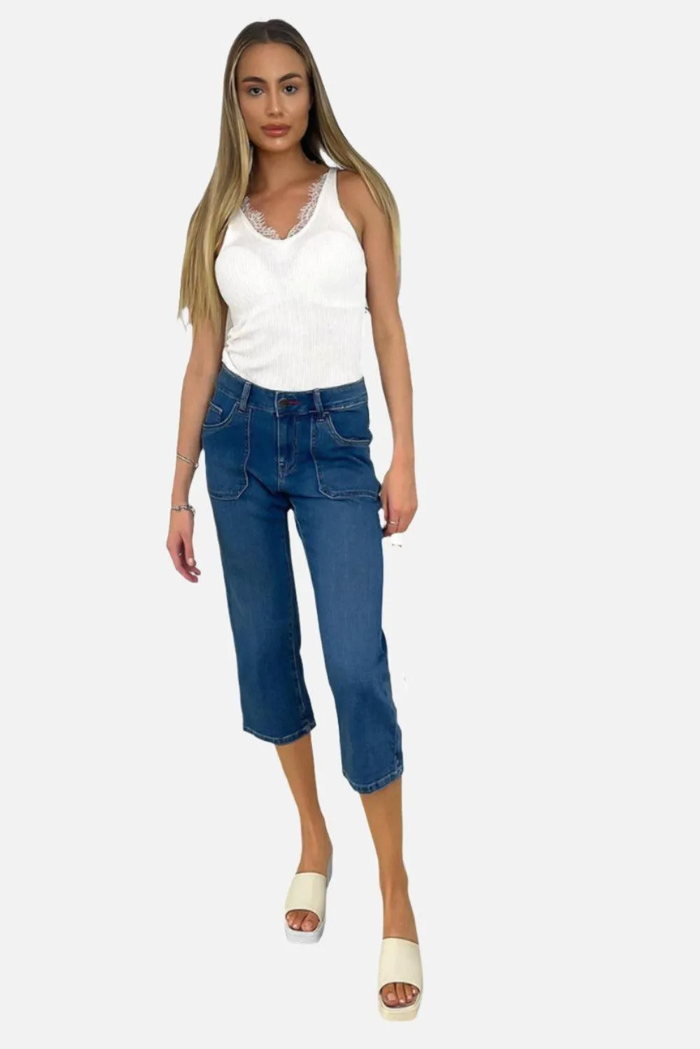 Contrast Stitch Large Pockets Cropped Jeans